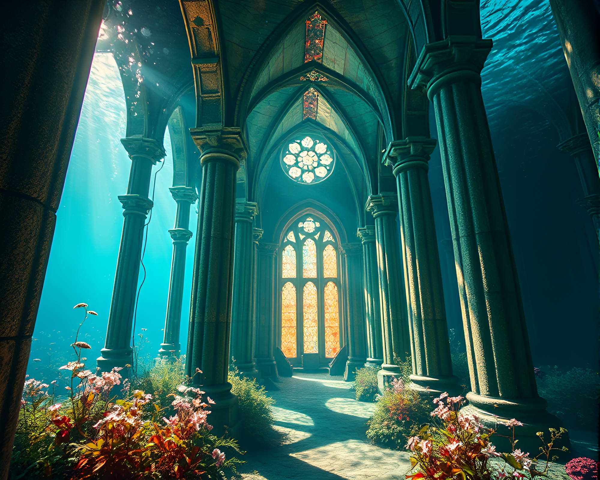 Enchanting Underwater Cathedral with Rustic Designs and Stained Glass – free AI stock image