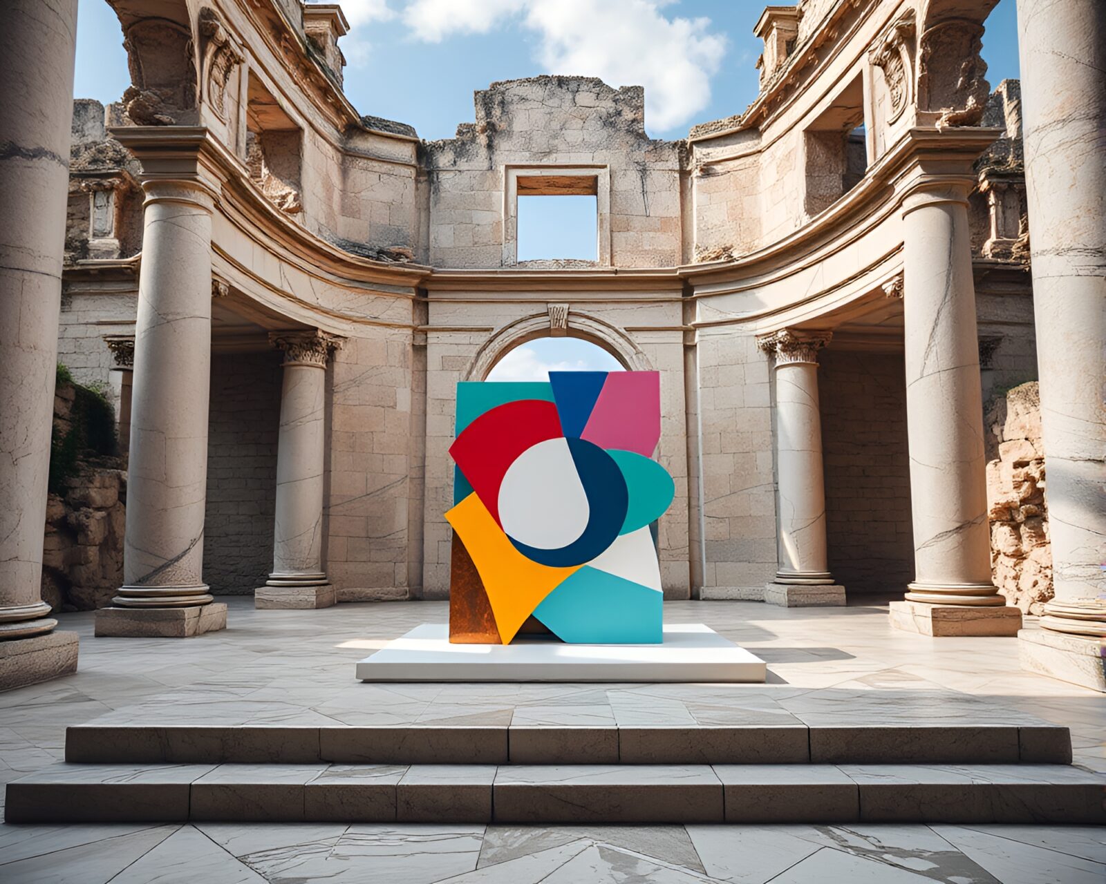 Vibrant modern art amidst weathered stone ruins