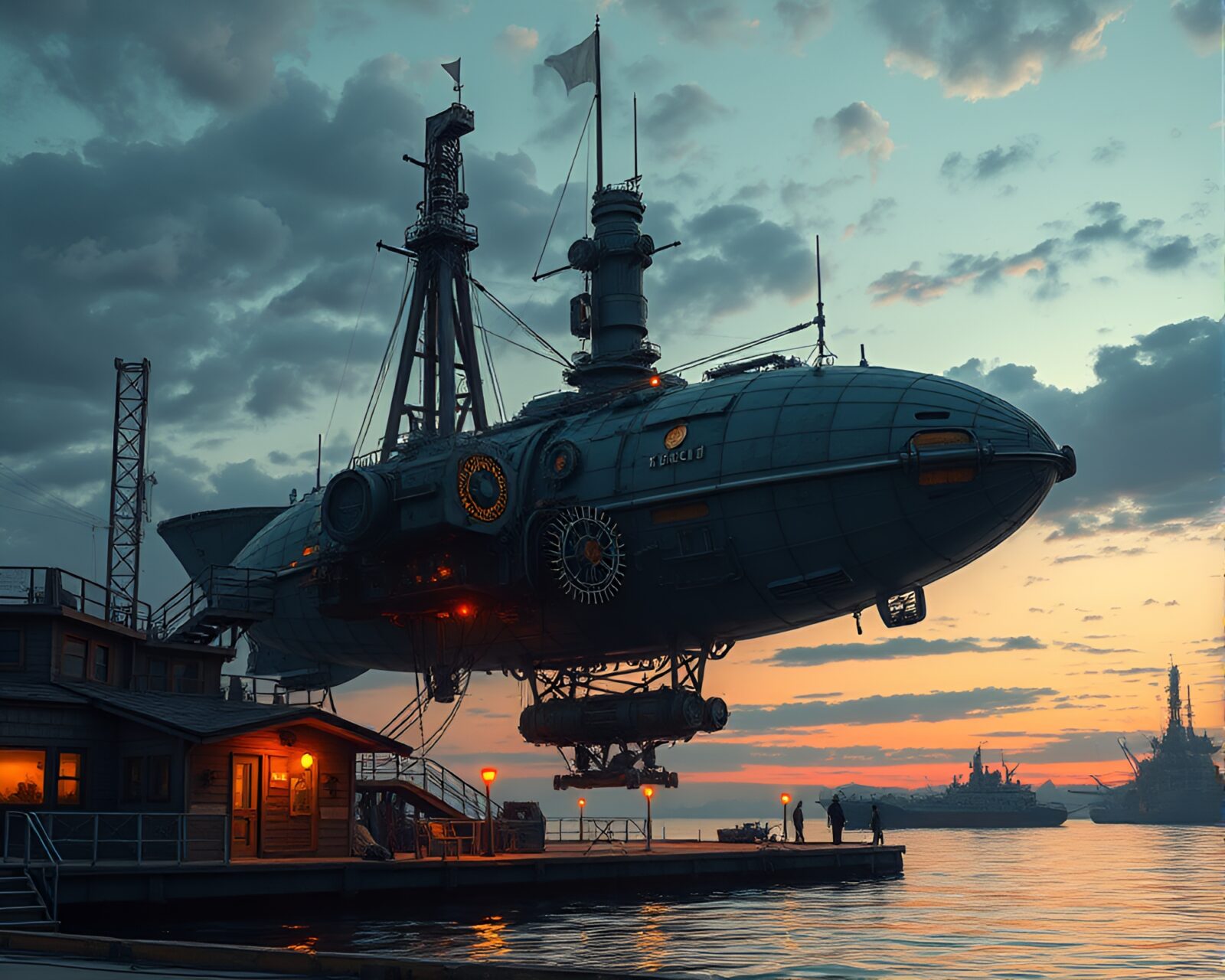 Vintage futuristic airship port at dusk with impressive steam clouds