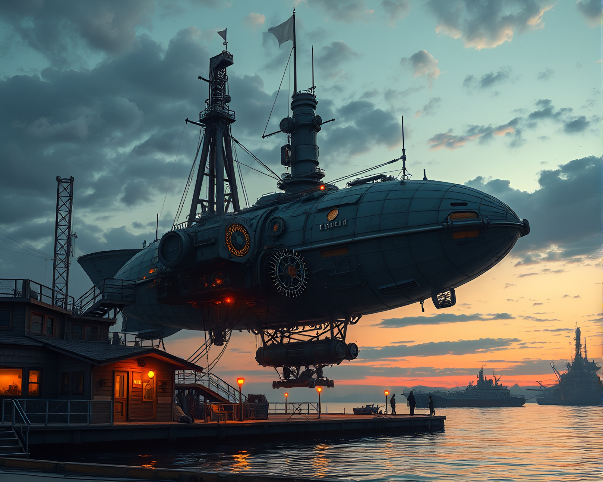 Steampunk Airship Port at Twilight: A Futuristic Blend – free AI stock image