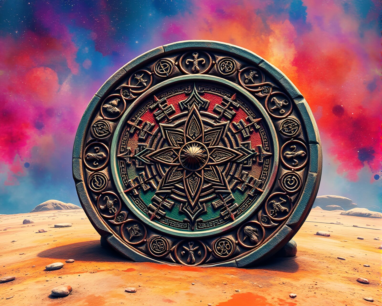 Ethereal stone circle with nature symbols amidst cosmic hues
