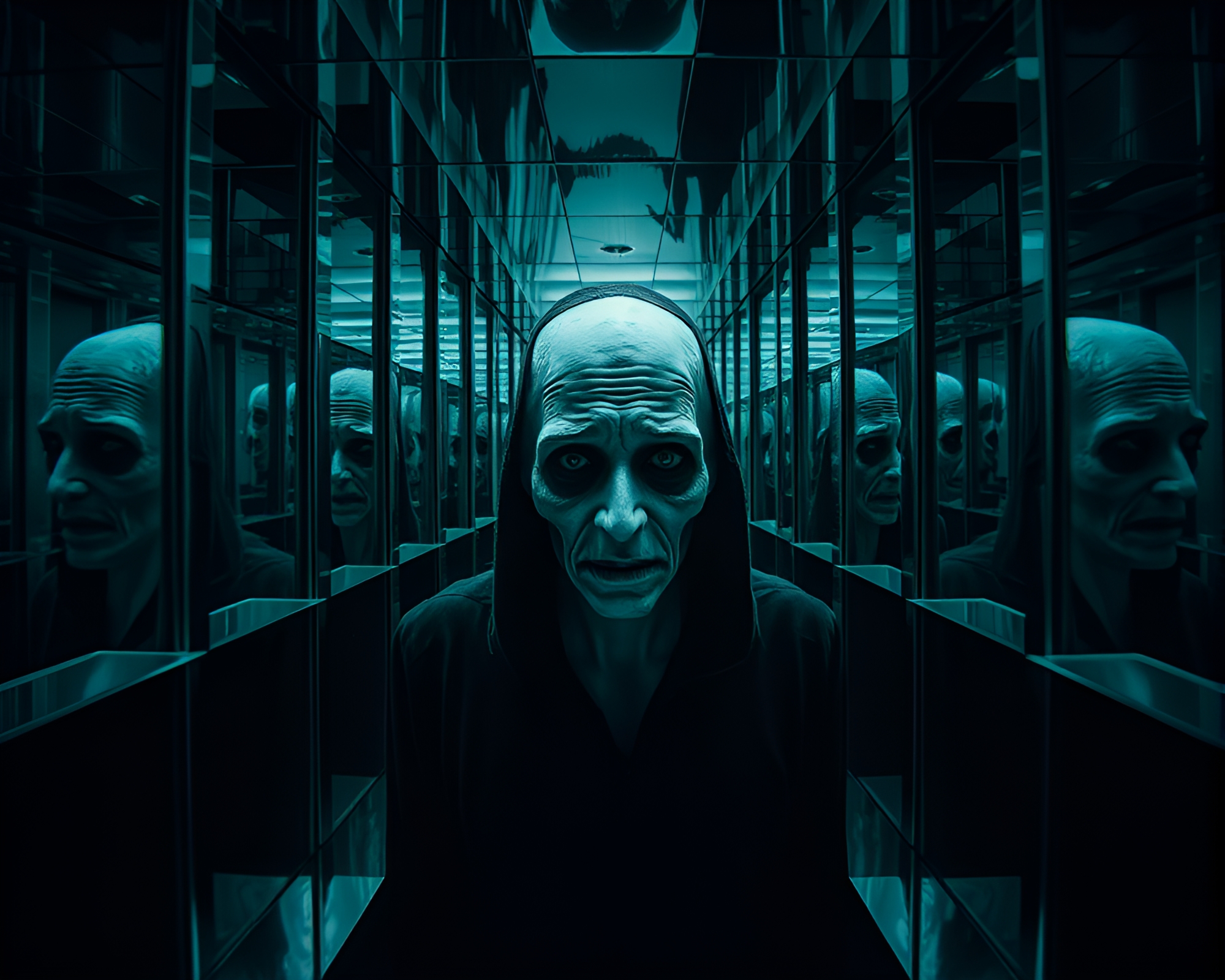 Surreal Mirror Labyrinth Reveals Otherworldly Portrait in Reflections – free AI stock image