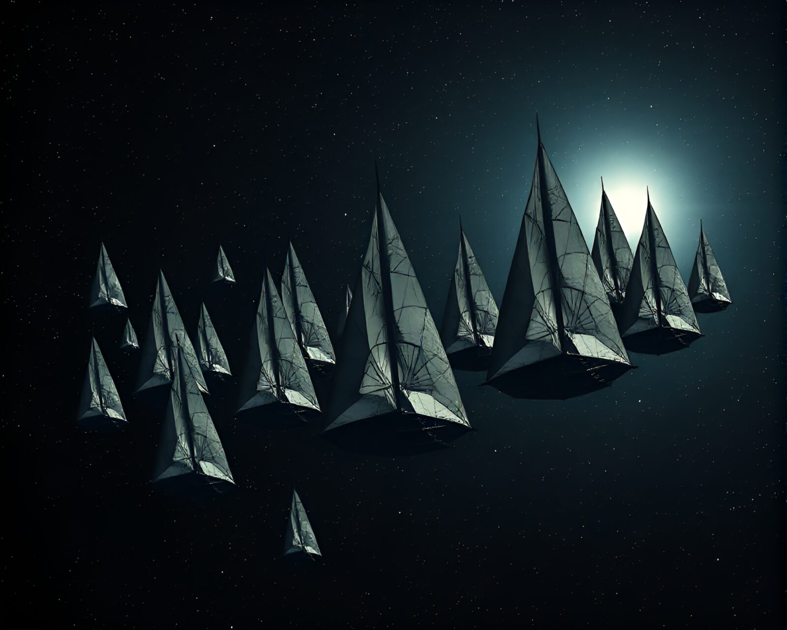 Angular, geometric solar sail ships drift among starry nebulae