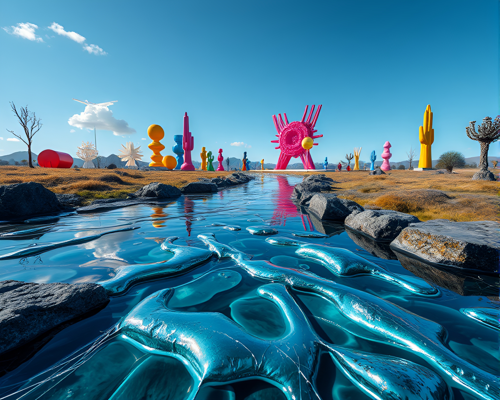 Liquid Mercury River Flows Through Avant-Garde Landscape – free AI stock image