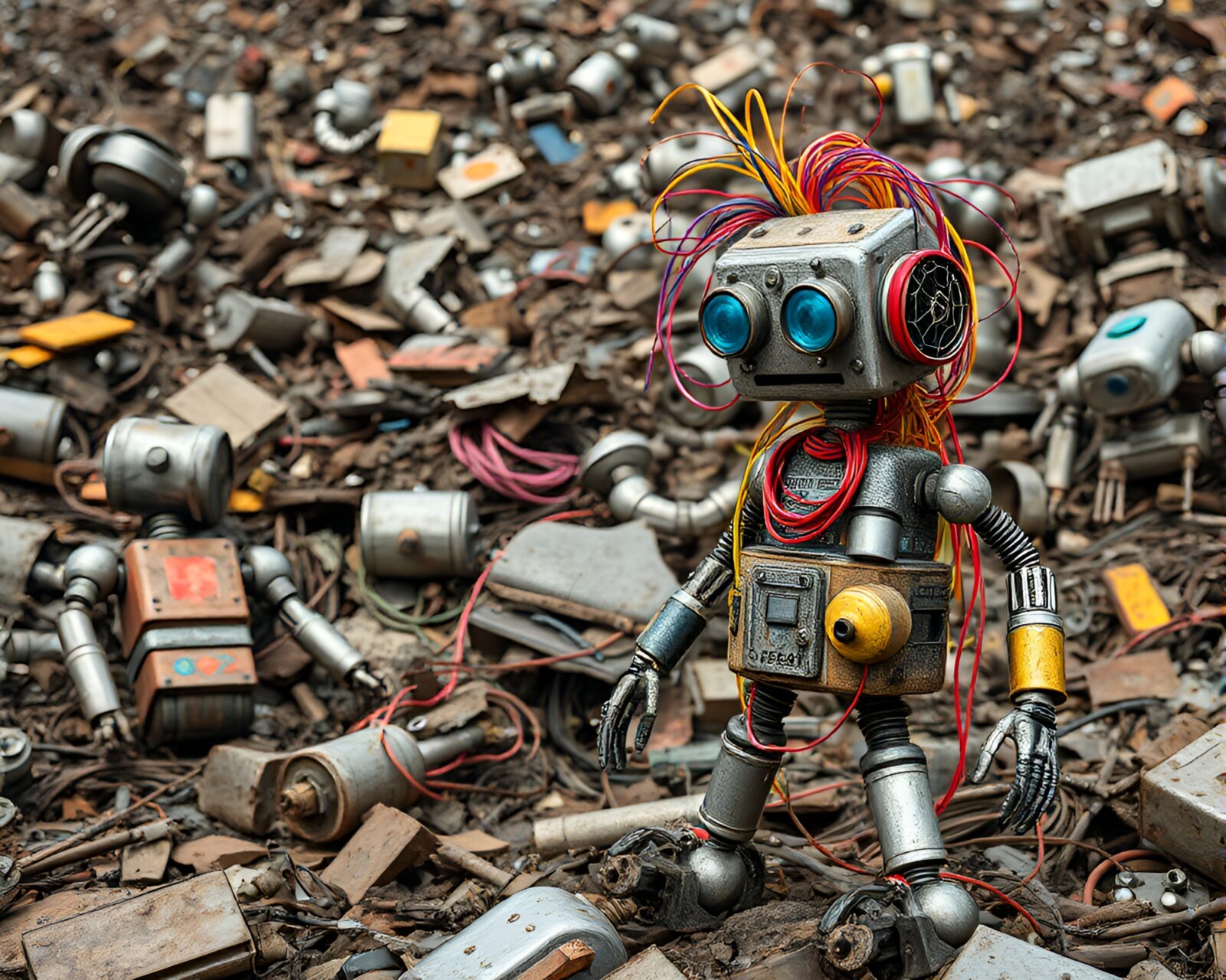 Colorful scrap metal sculpture amidst broken robot debris