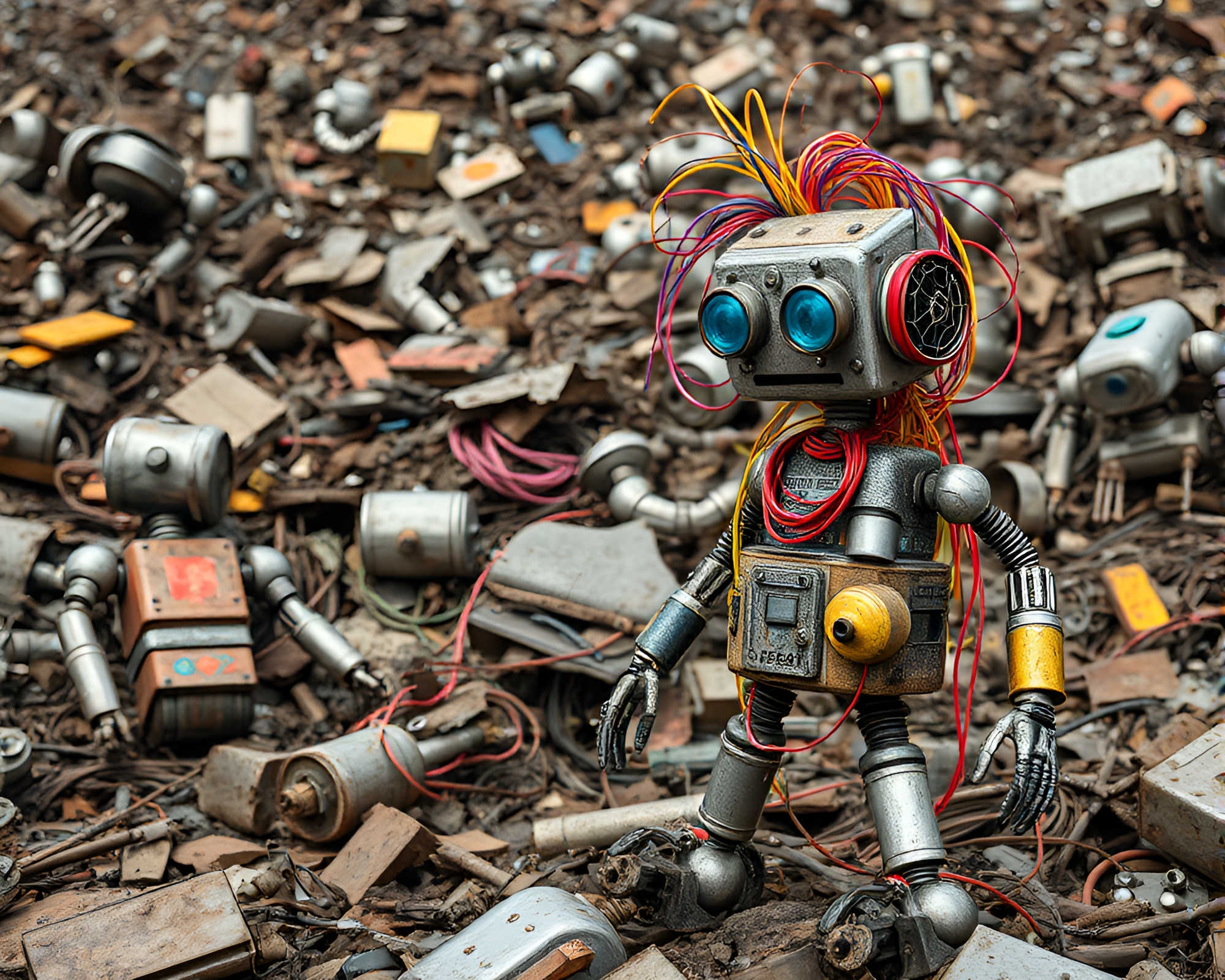 Whimsical Contemporary Art Amidst Ruined Robotic Junkyard – free AI stock image