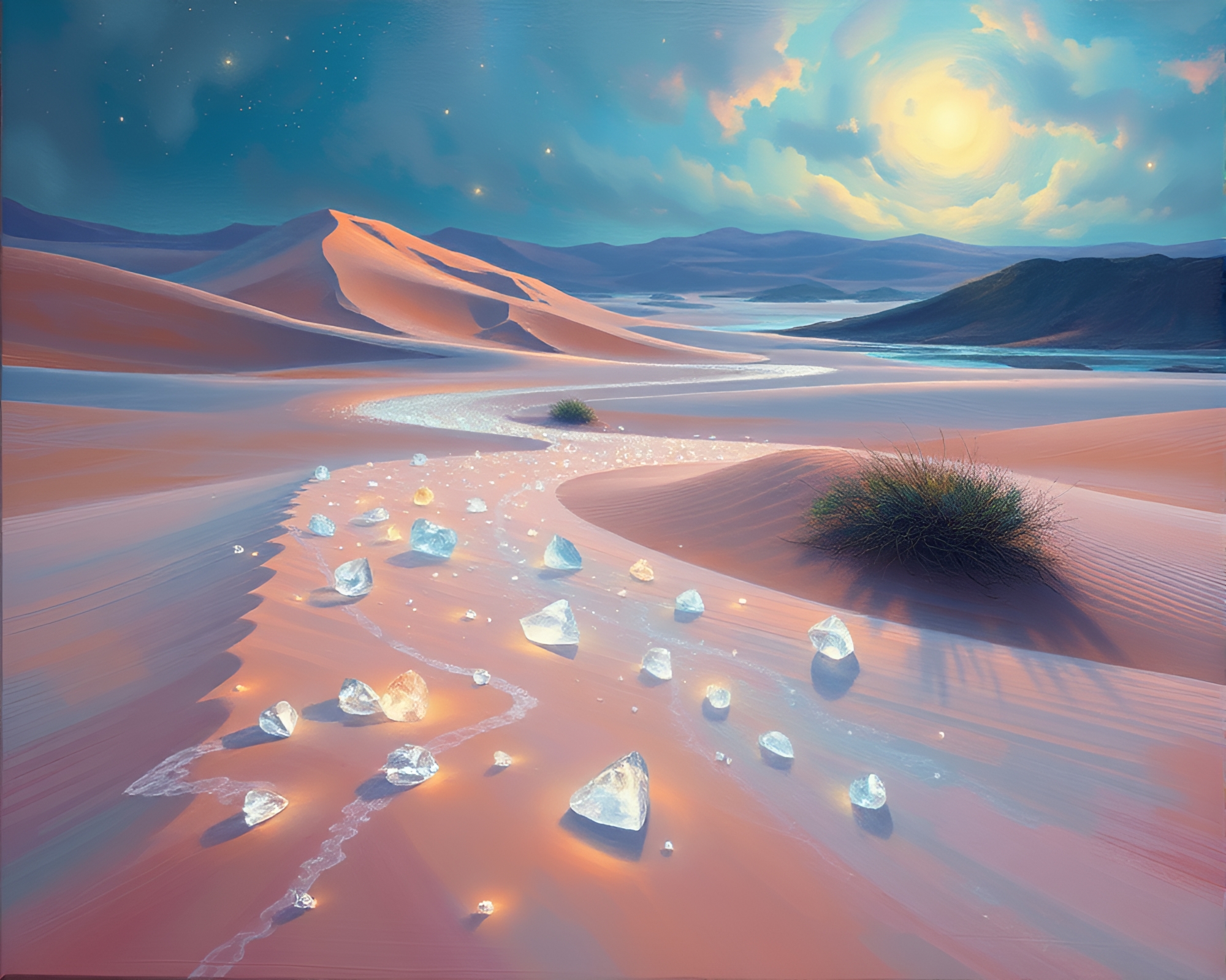 Mesmerizing Crystalline Desert Landscape with Bioluminescent Glow – free AI stock image