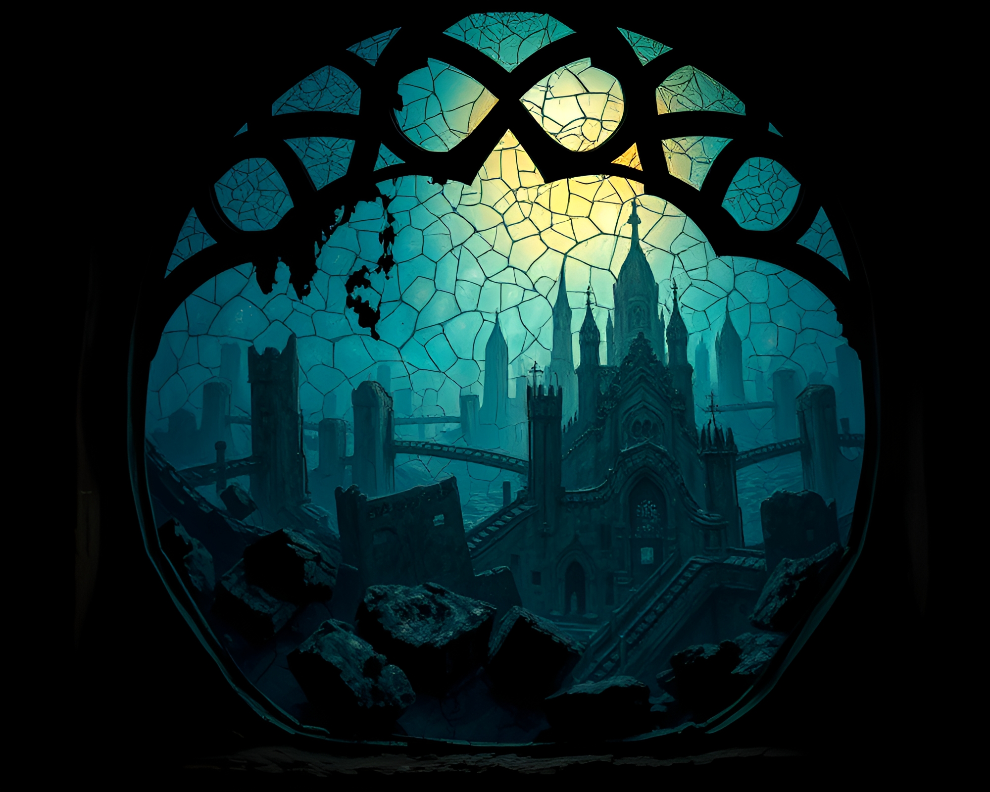 Eerie Sunken Cityscape Through Stained Glass Window – free AI stock image