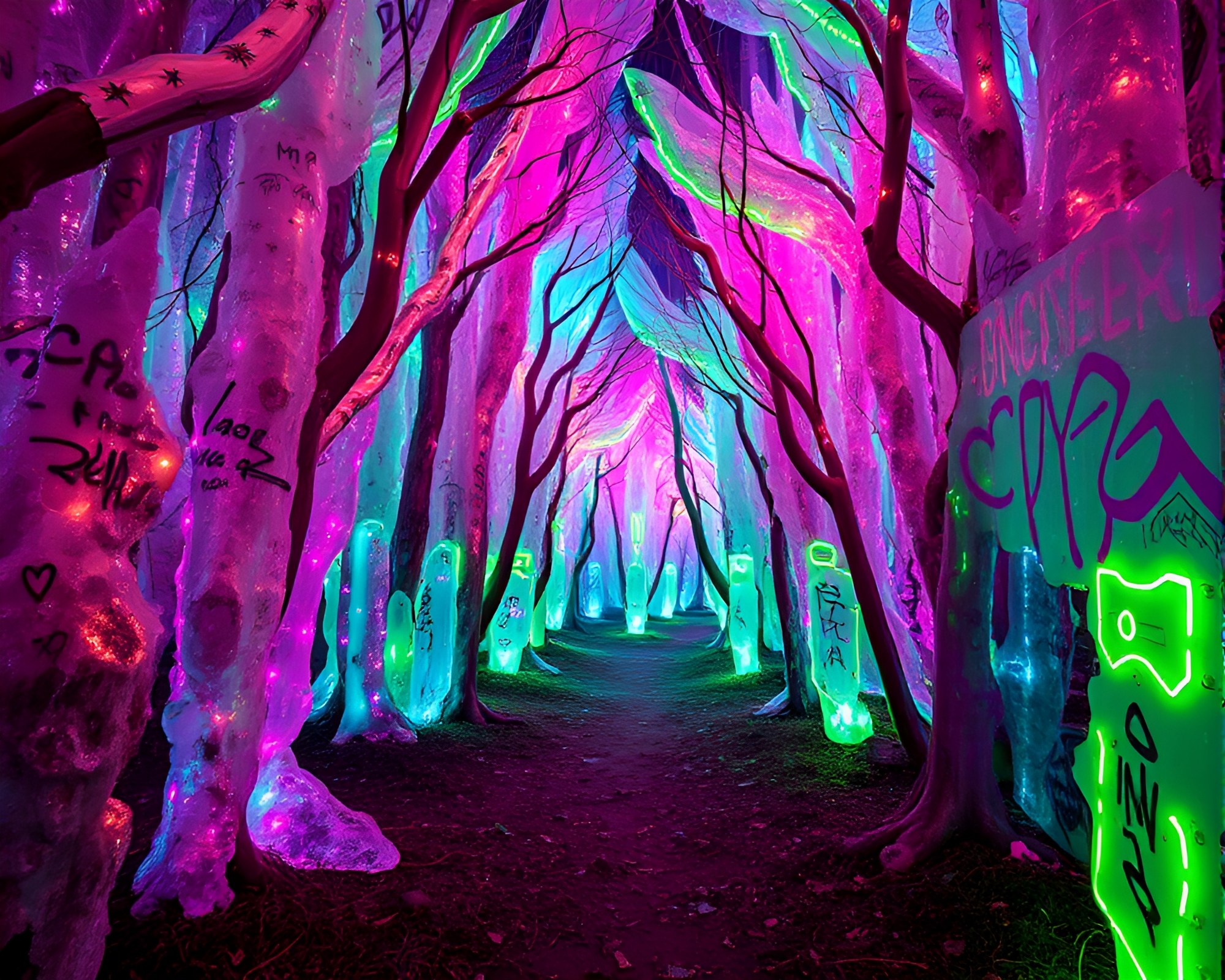Mesmerizing Silicon Crystal Forest with Neon Graffiti Art – free AI stock image