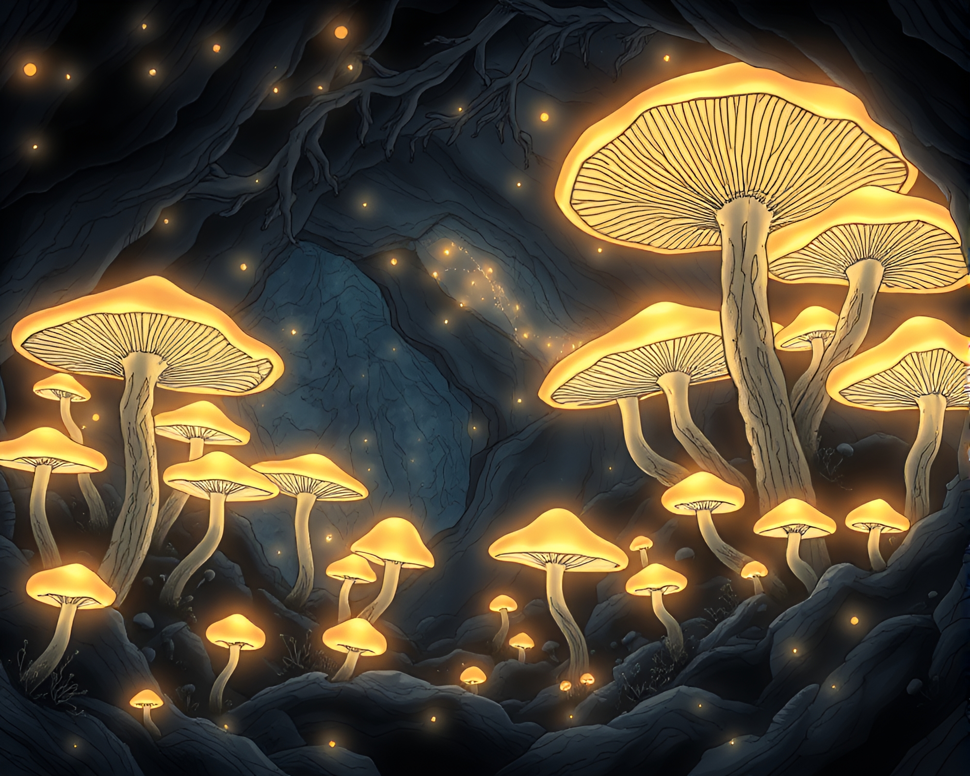 Enchanting Bioluminescent Fungus Cavern: Luminous Beauty Captured – free AI stock image