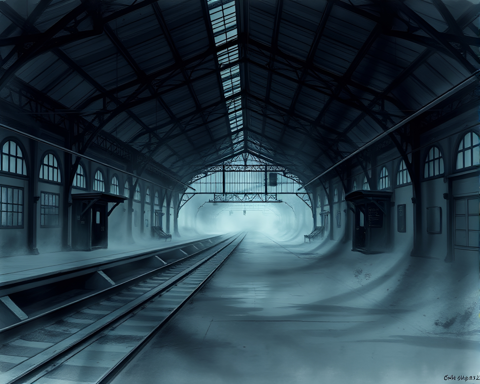 Ghostly Phantom Train Station Sketch – free AI stock image
