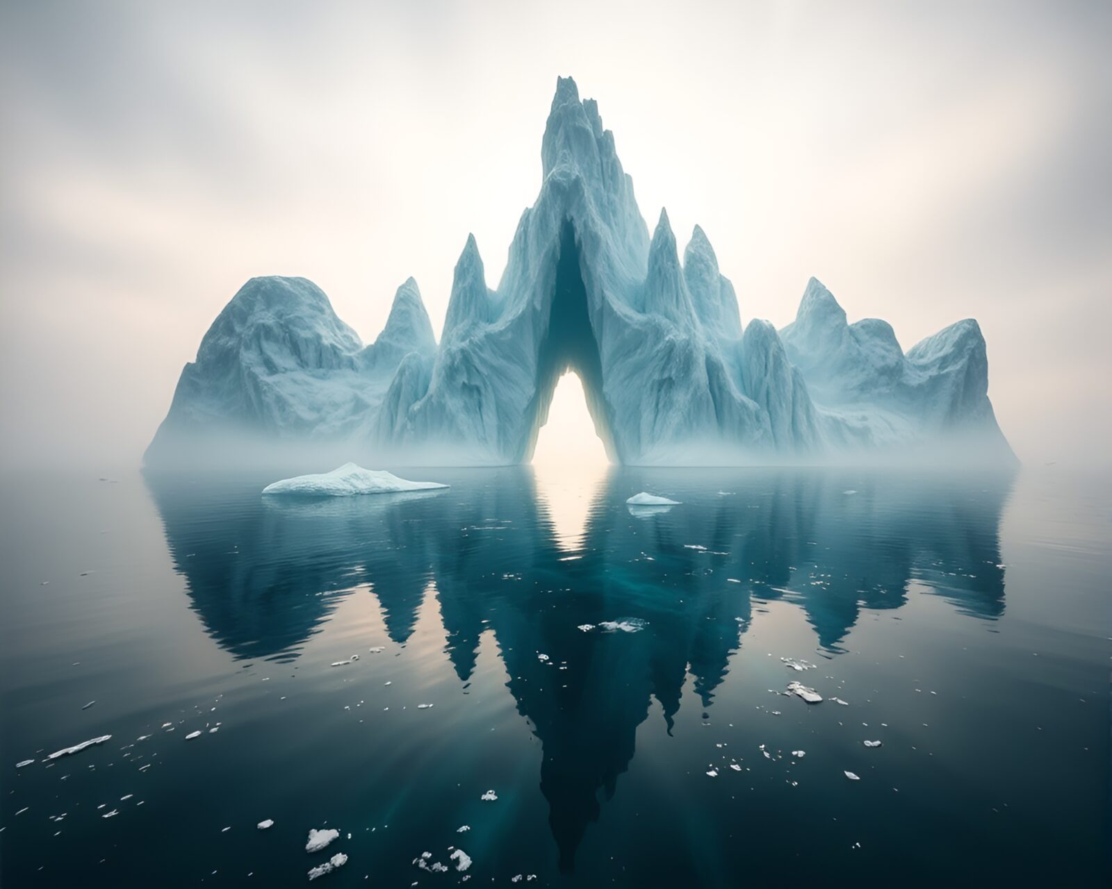 Misty iceberg cathedral with intricate sculptures surrounded by calm ocean