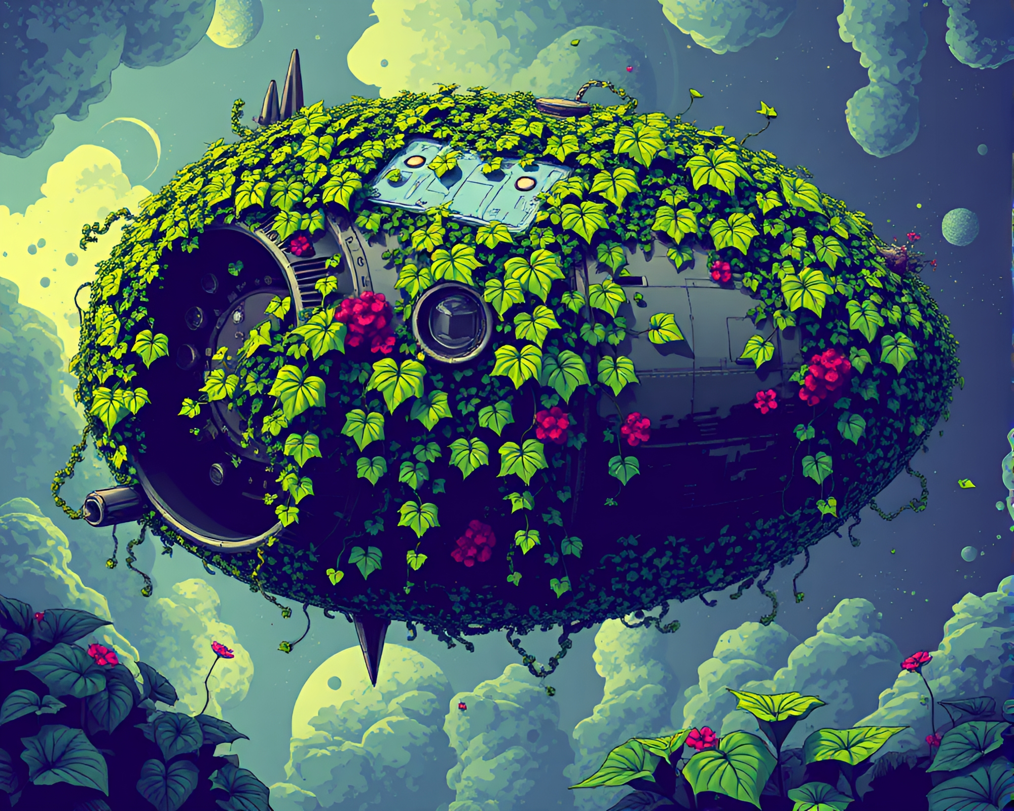 Sleek Vector Illustration of Ivy-Covered Spaceship Hull – free AI stock image