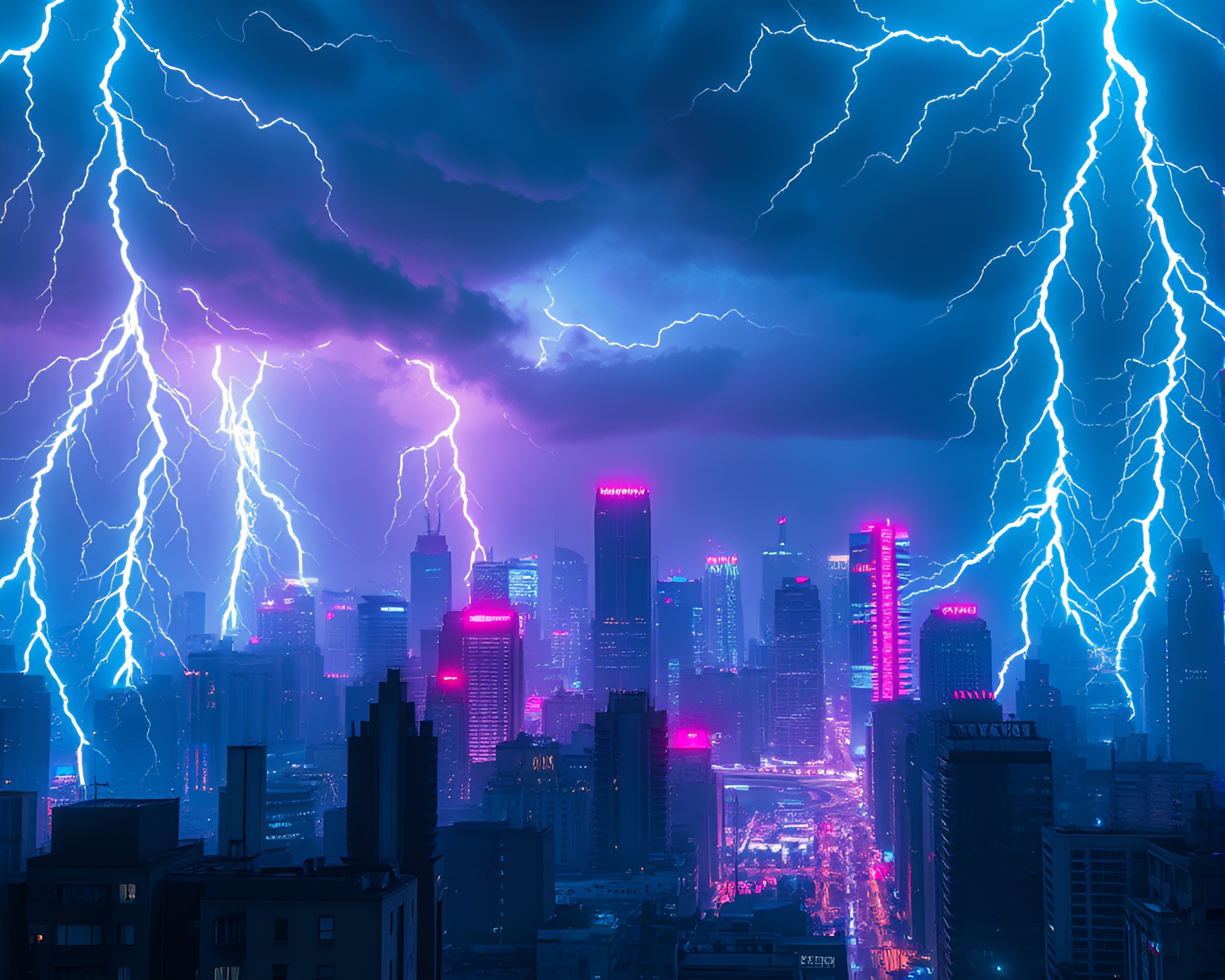 Futuristic Cityscape Aglow with Vibrant Lightning Storm – free AI stock image