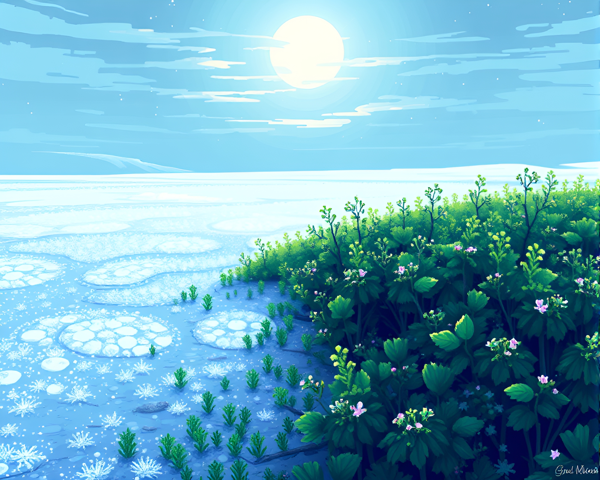 Enchanting Pixel Art Landscape: Glittering Frost under Moonlight – free AI stock image