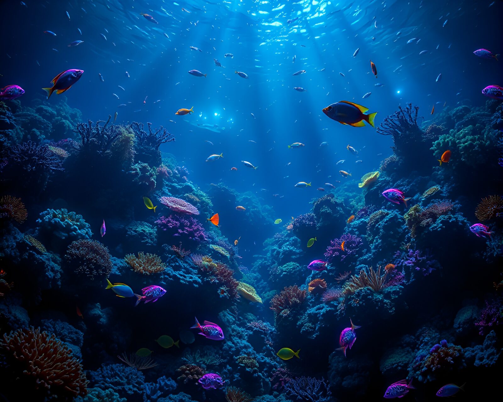 A mesmerizing image of vibrant bioluminescent coral reef underwater