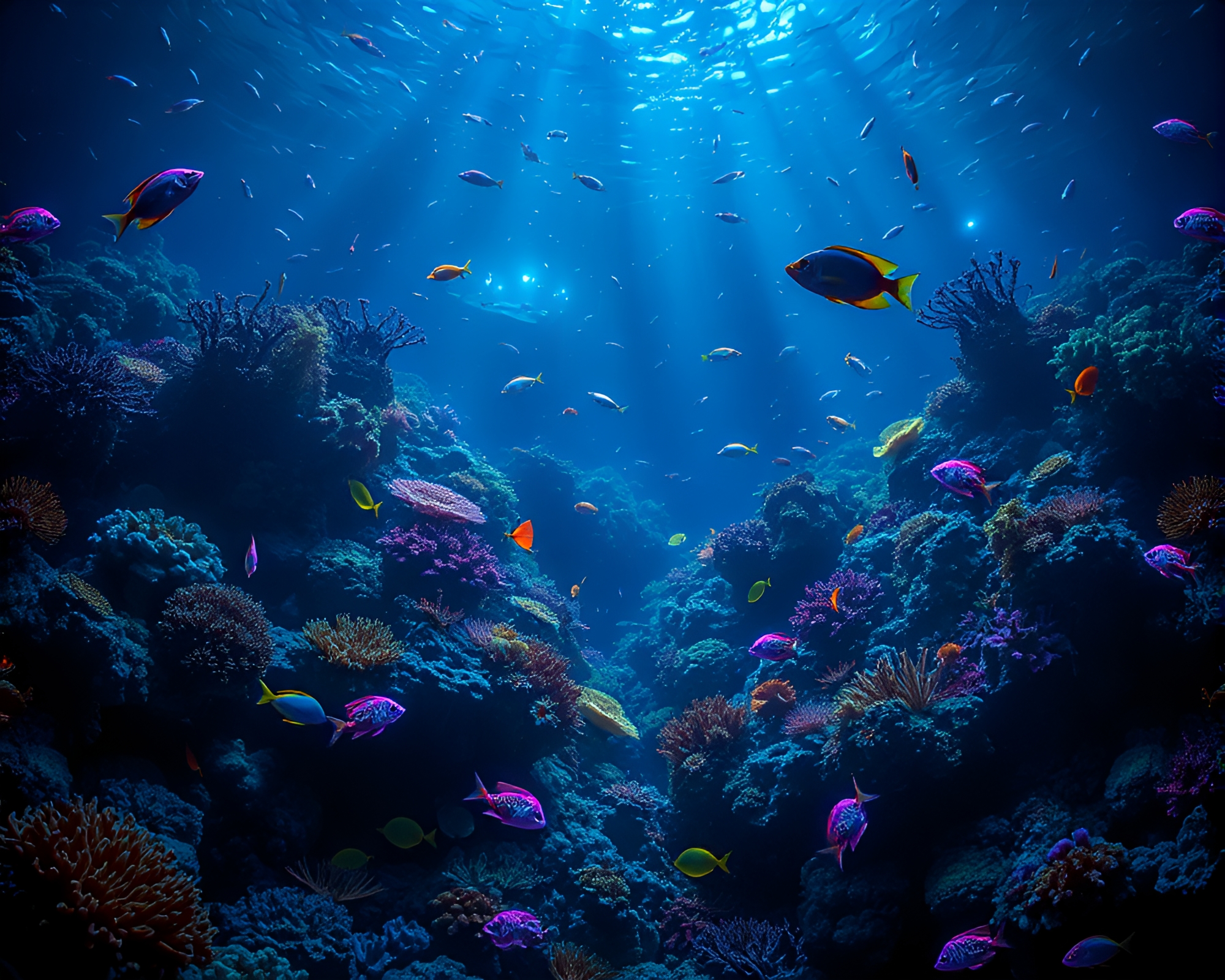 Enchanting Bioluminescent Coral Reef Underwater Photomontage Collage – free AI stock image