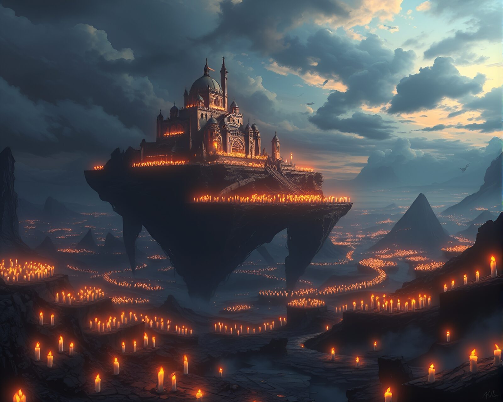 Majestic citadel floating in sky surrounded by candles