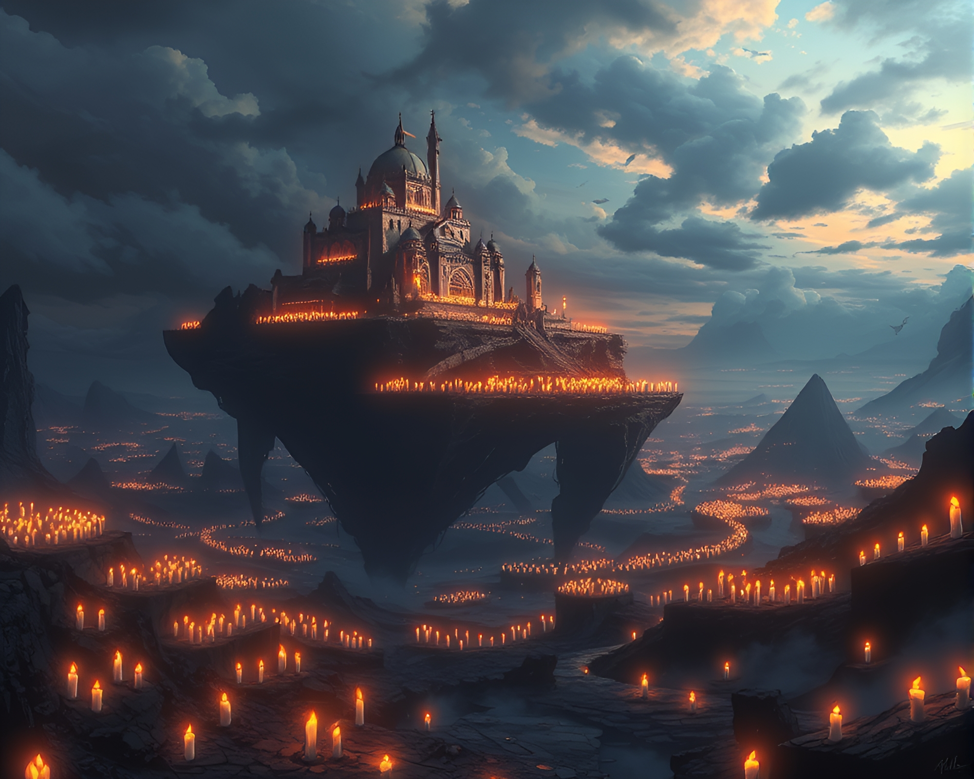 Surreal Floating Citadel Supported by Shimmering Candles – free AI stock image