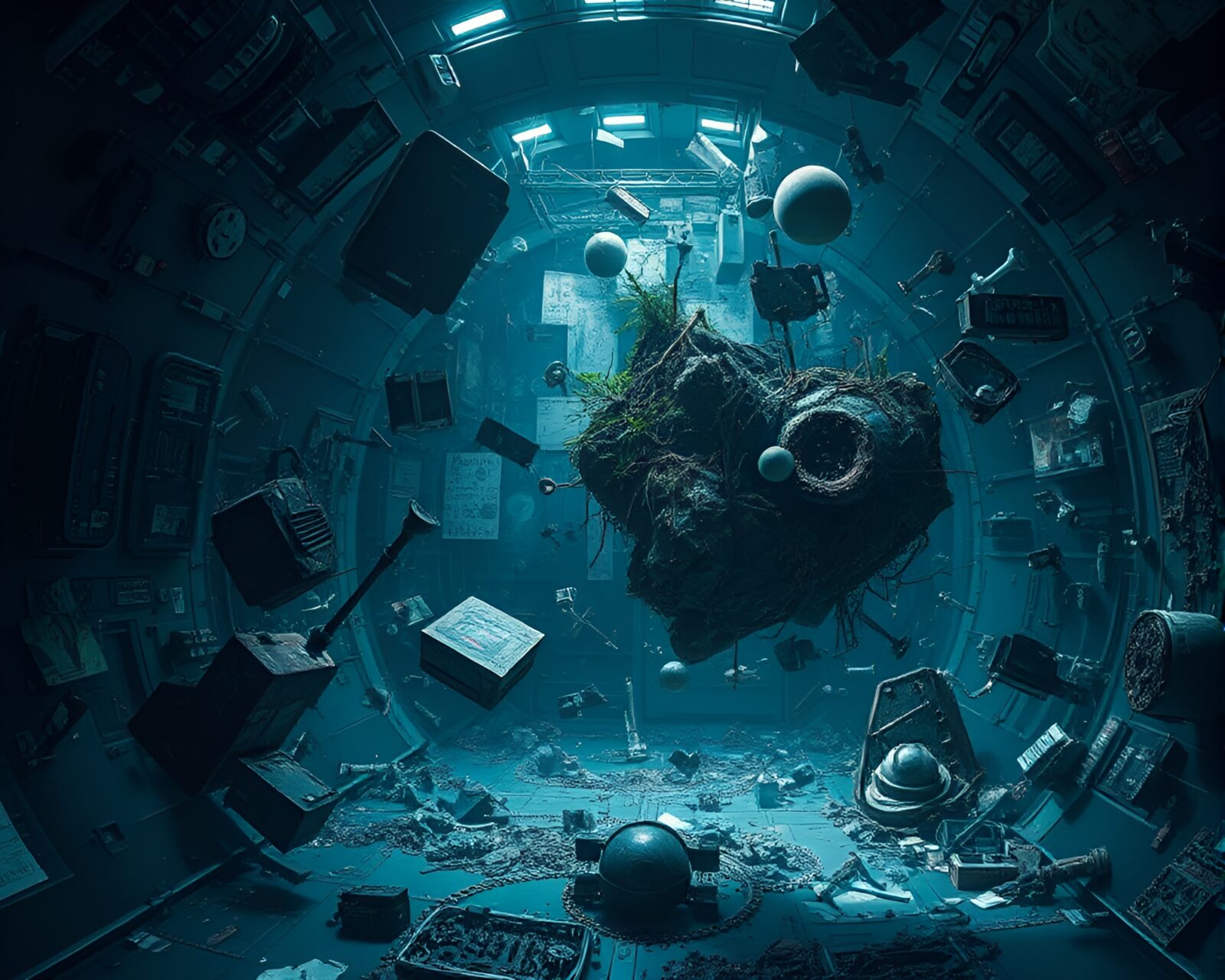 Eerie and ominous chamber filled with floating elements