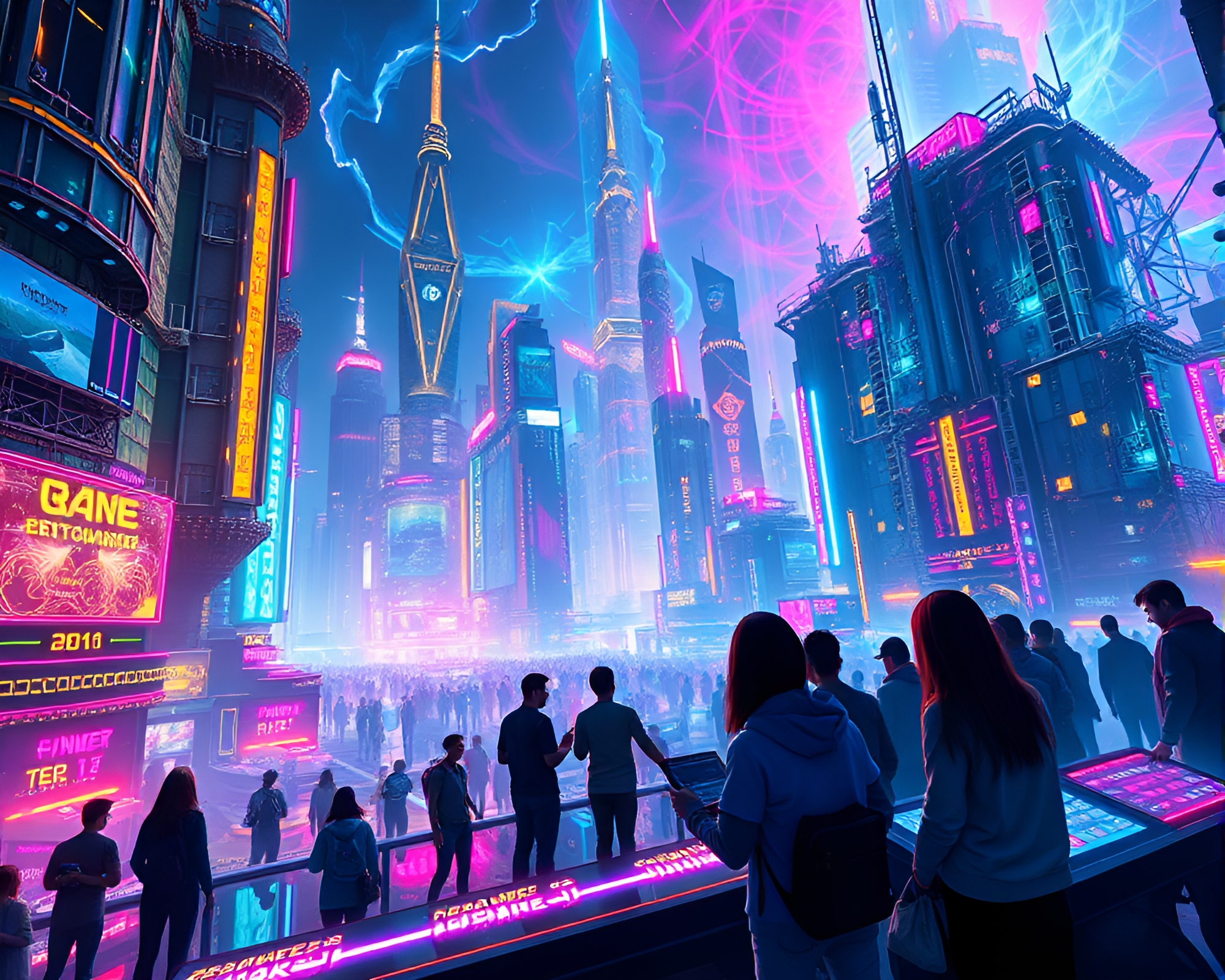 Futuristic Cyberpunk Cityscape: Fractal Symmetry and Vibrant Energy – free AI stock image