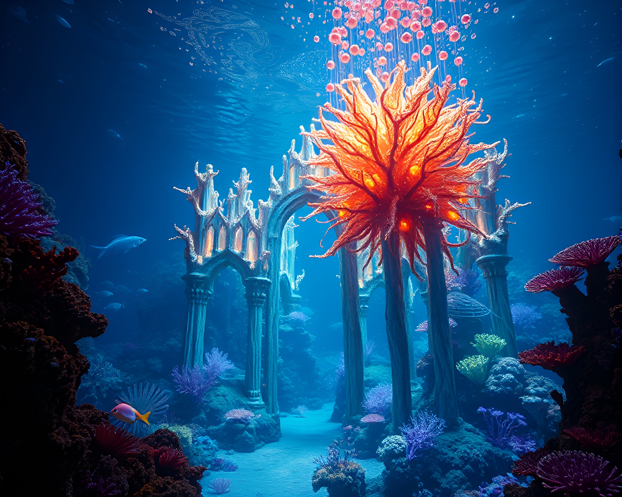Ethereal Underwater Cathedral Glowing with Bioluminescent Colors – free AI stock image
