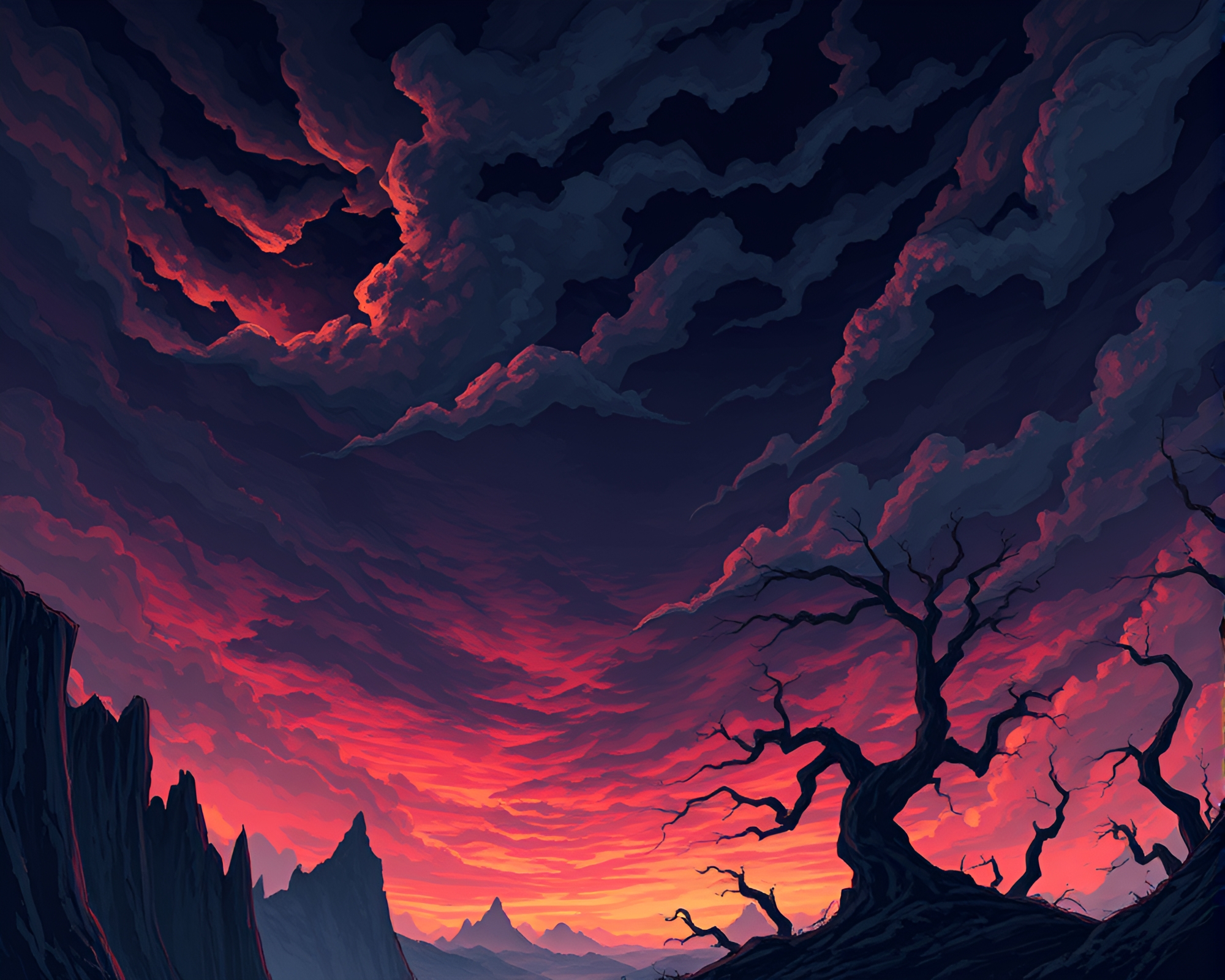Foreboding Iron-Cloud Sky Over Jagged Landscape Illustration – free AI stock image