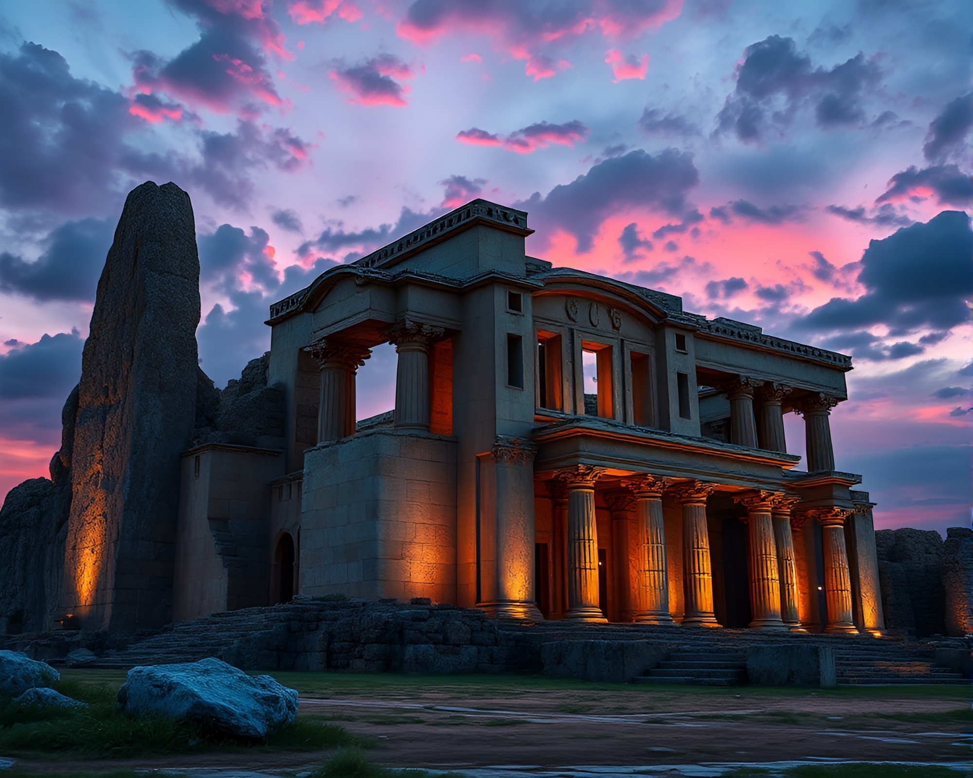 Twilight Monolithic Ruin: Architectural Cubism Masterpiece – free AI stock image