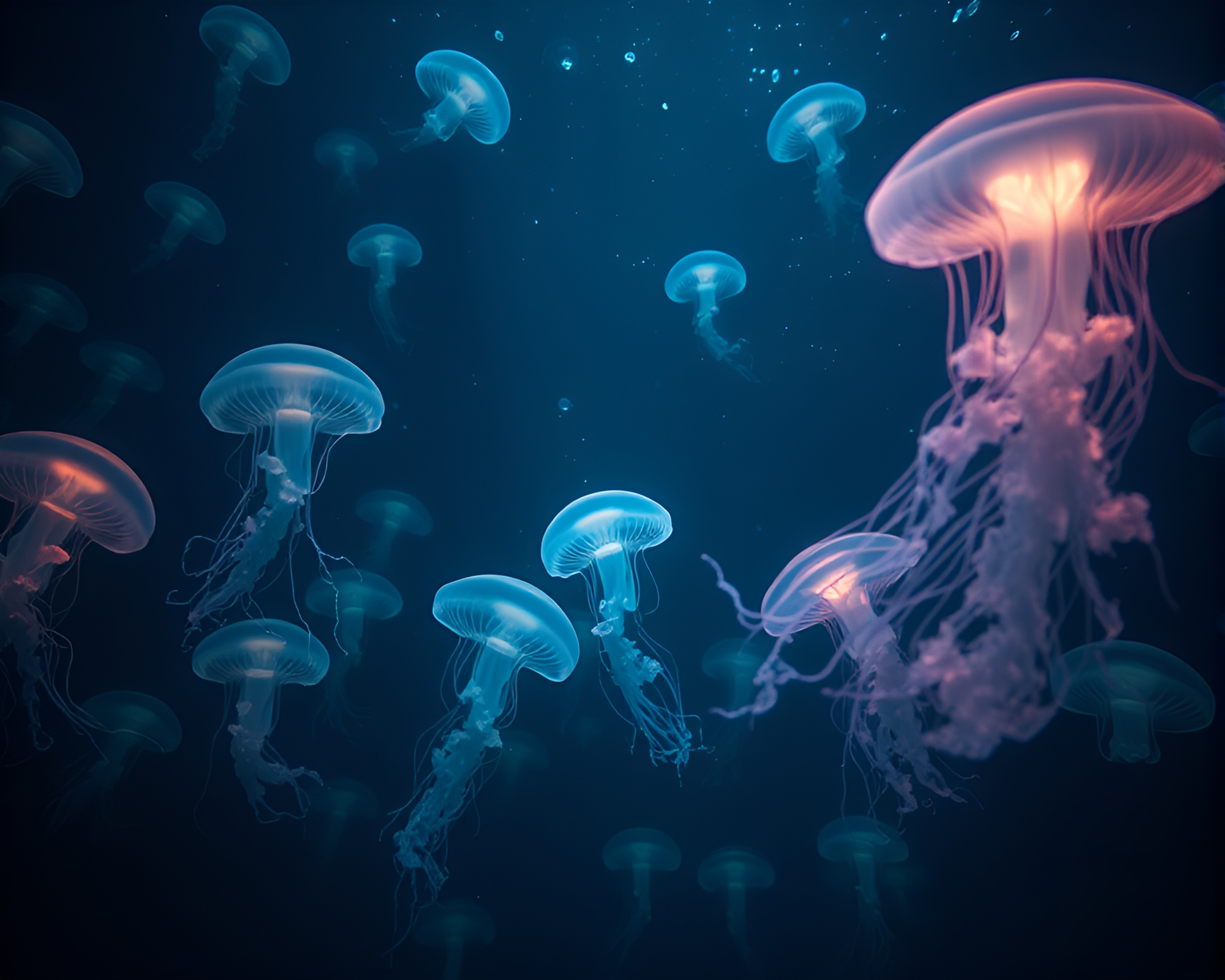 Enchanting underwater ballet: Jellyfish in ethereal glow – free AI stock image