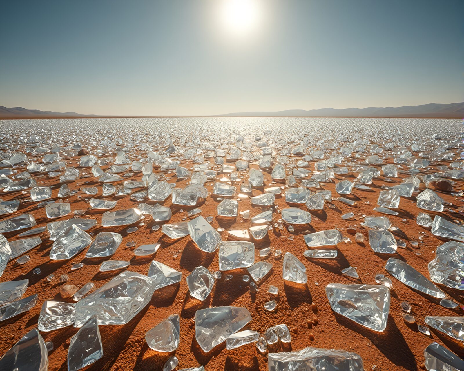 Glistening glass shards in harsh desert sunlight