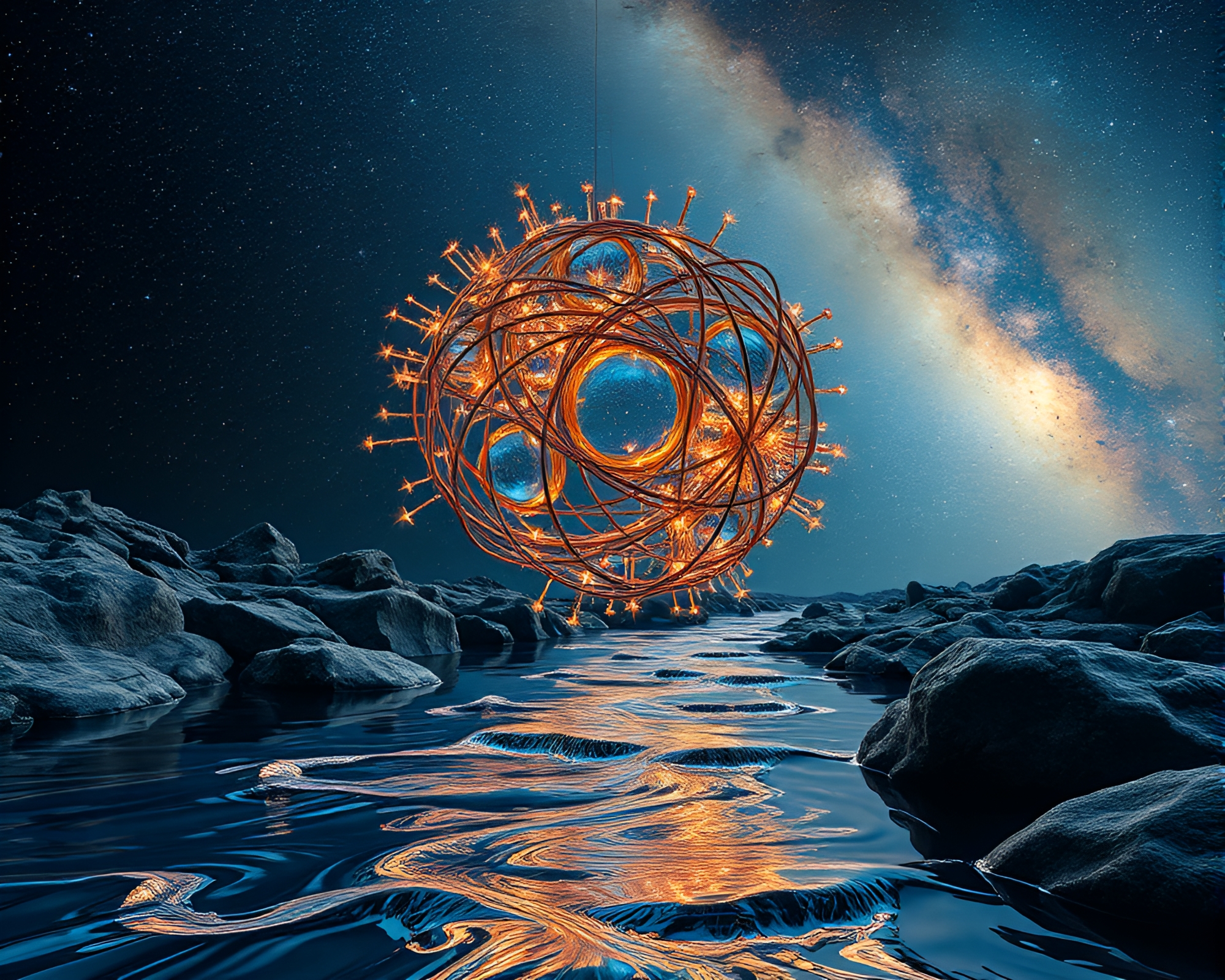 Ethereal Cosmic Kinetic Sculpture above Liquid Mercury River – free AI stock image