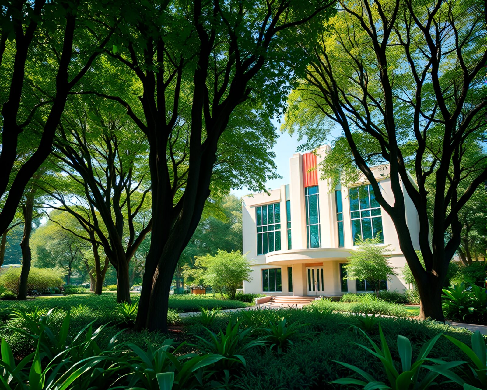 Art Deco building in lush green forest setting