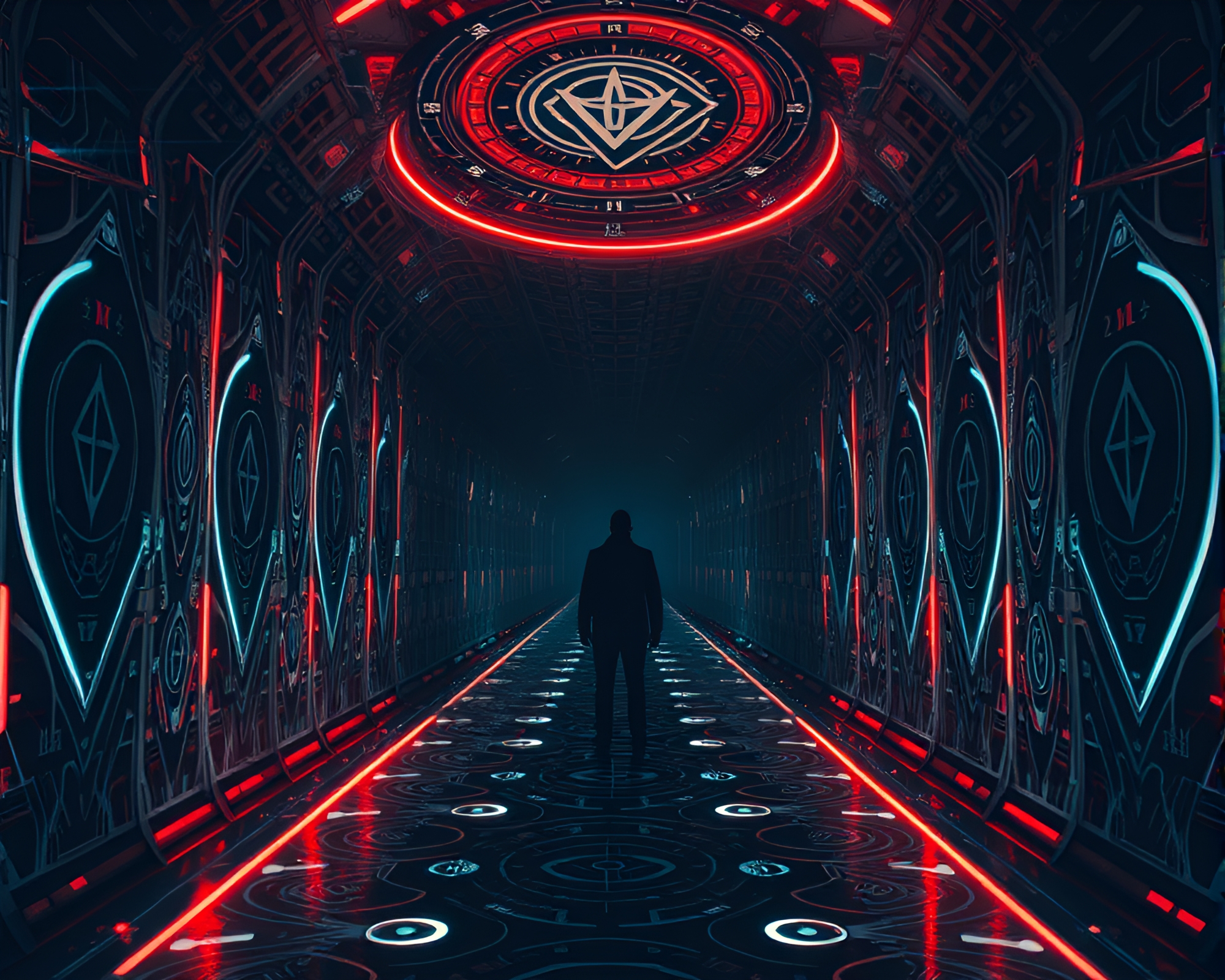 Time-Warp Corridor: Futuristic Figure Contemplating Universe Mysteries – free AI stock image