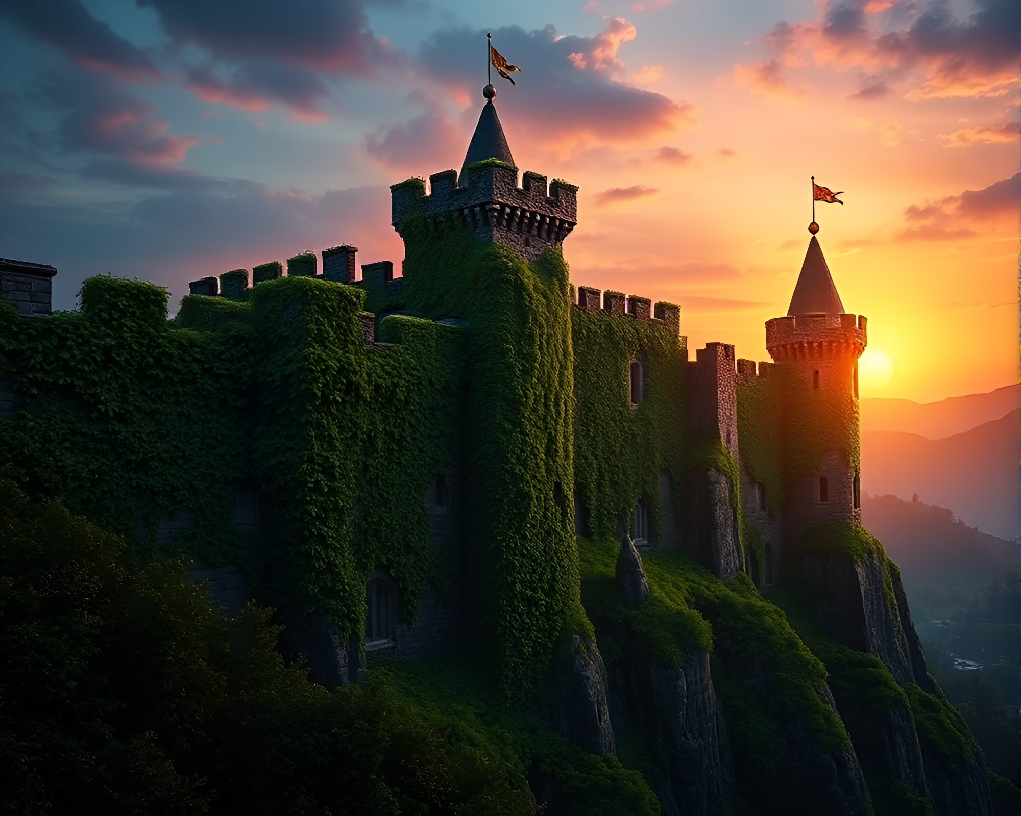 Majestic Fortress Overgrown with Ivy at Twilight – free AI stock image
