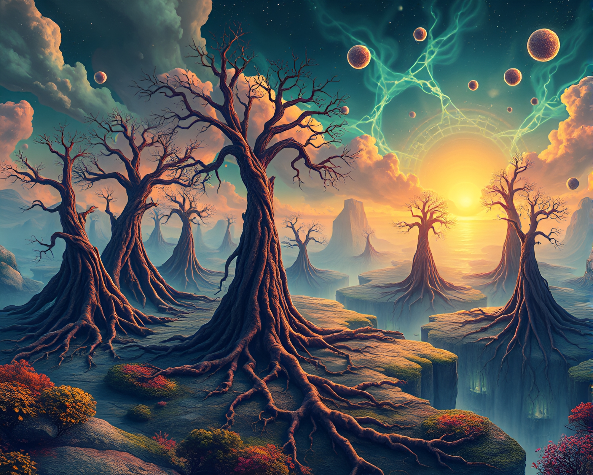 Intricate Floating Roots Network in Surreal Landscape – free AI stock image