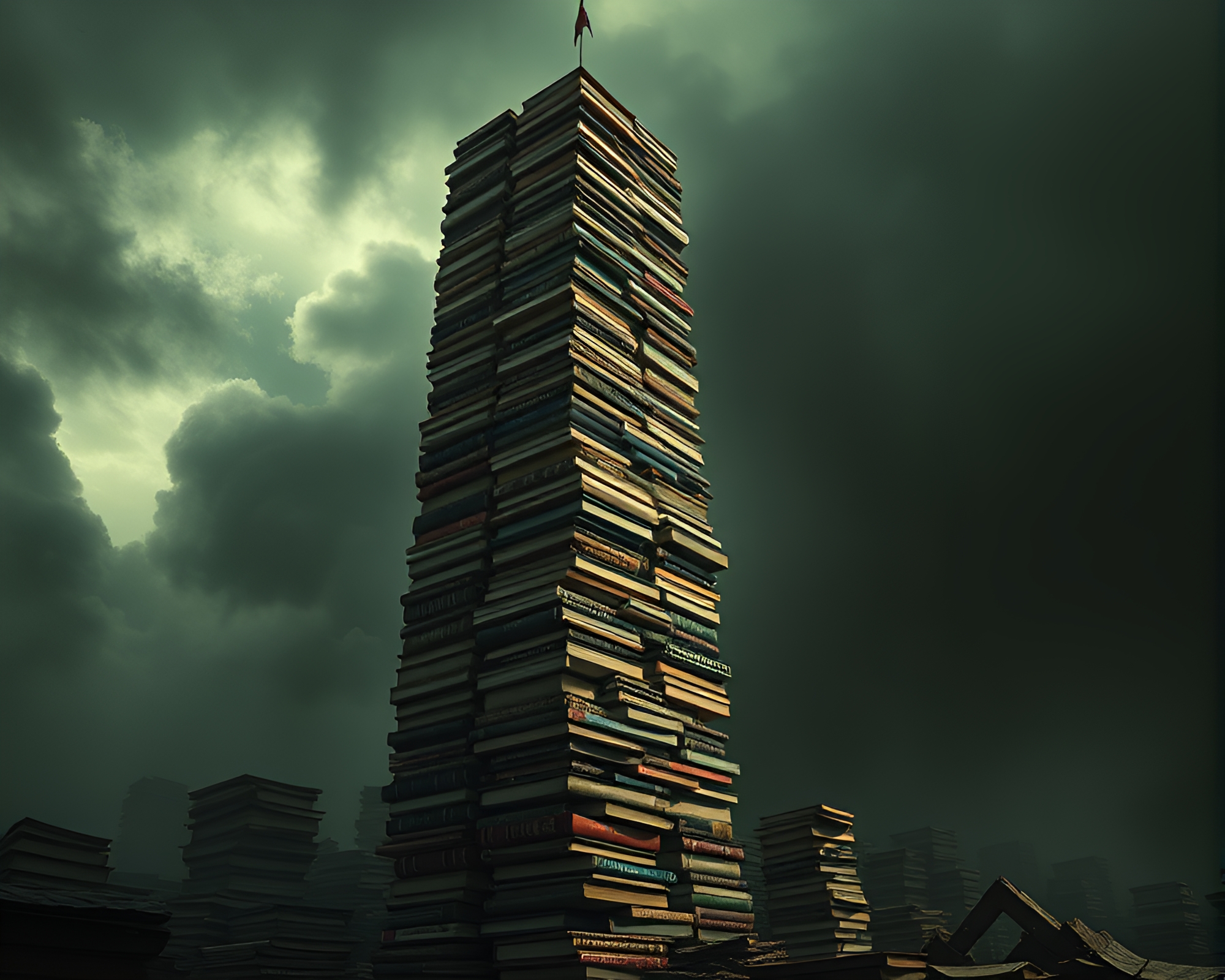 Surreal Book Tower in Noir Atmosphere – free AI stock image