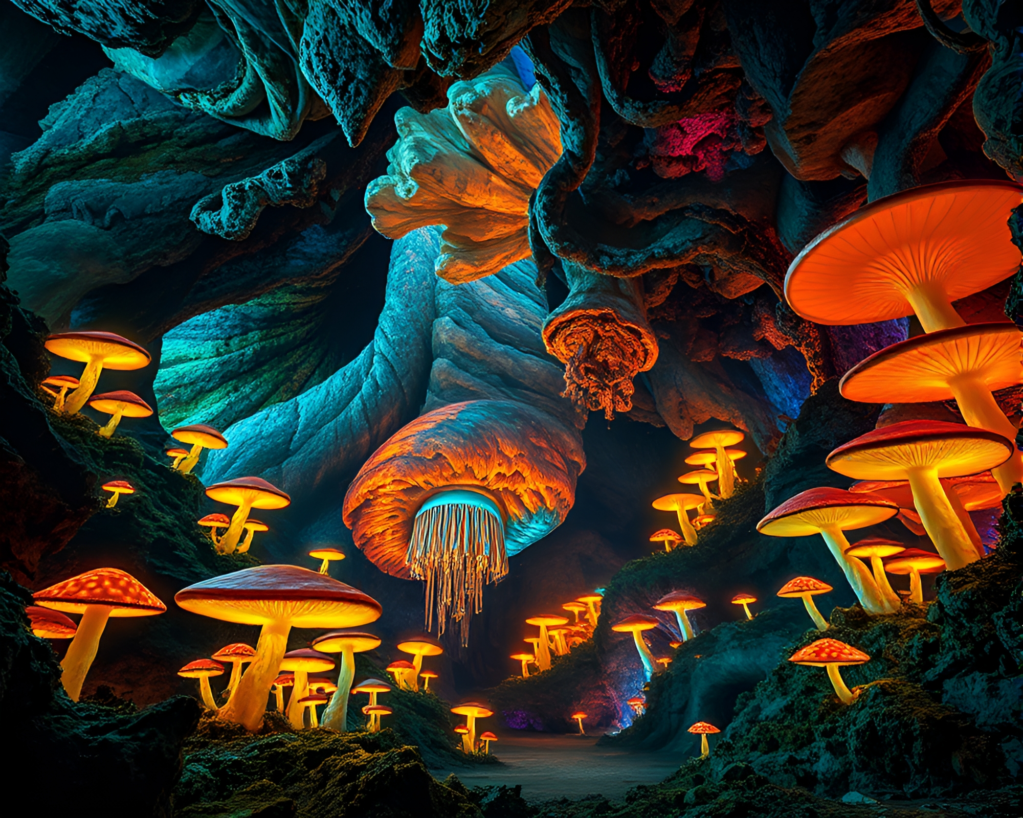 Mesmerizing Abstract Art in Glowing Fungus-Filled Cavern – free AI stock image
