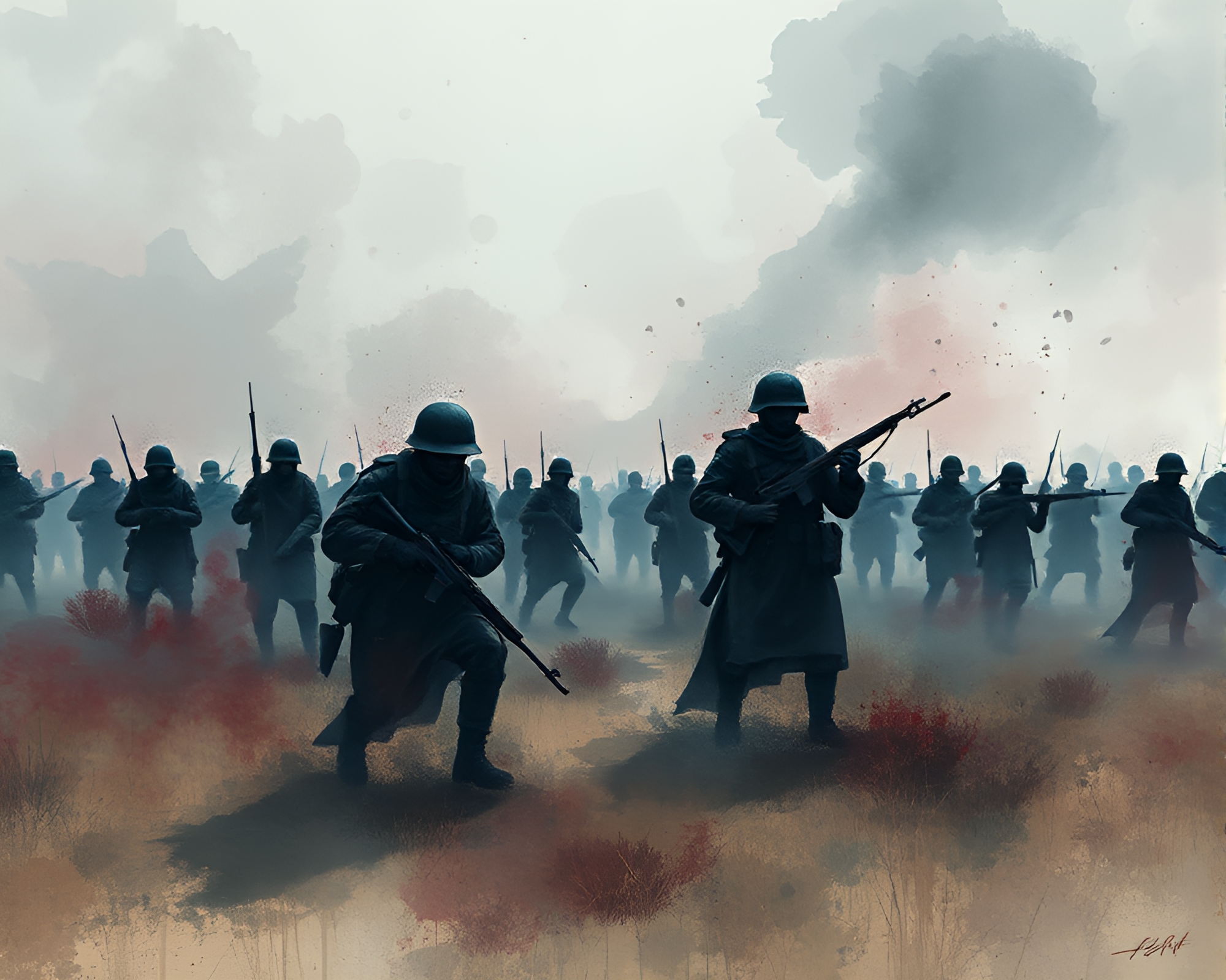 Ethereal Soldiers Haunting a Melancholic Watercolor Battlefield – free AI stock image