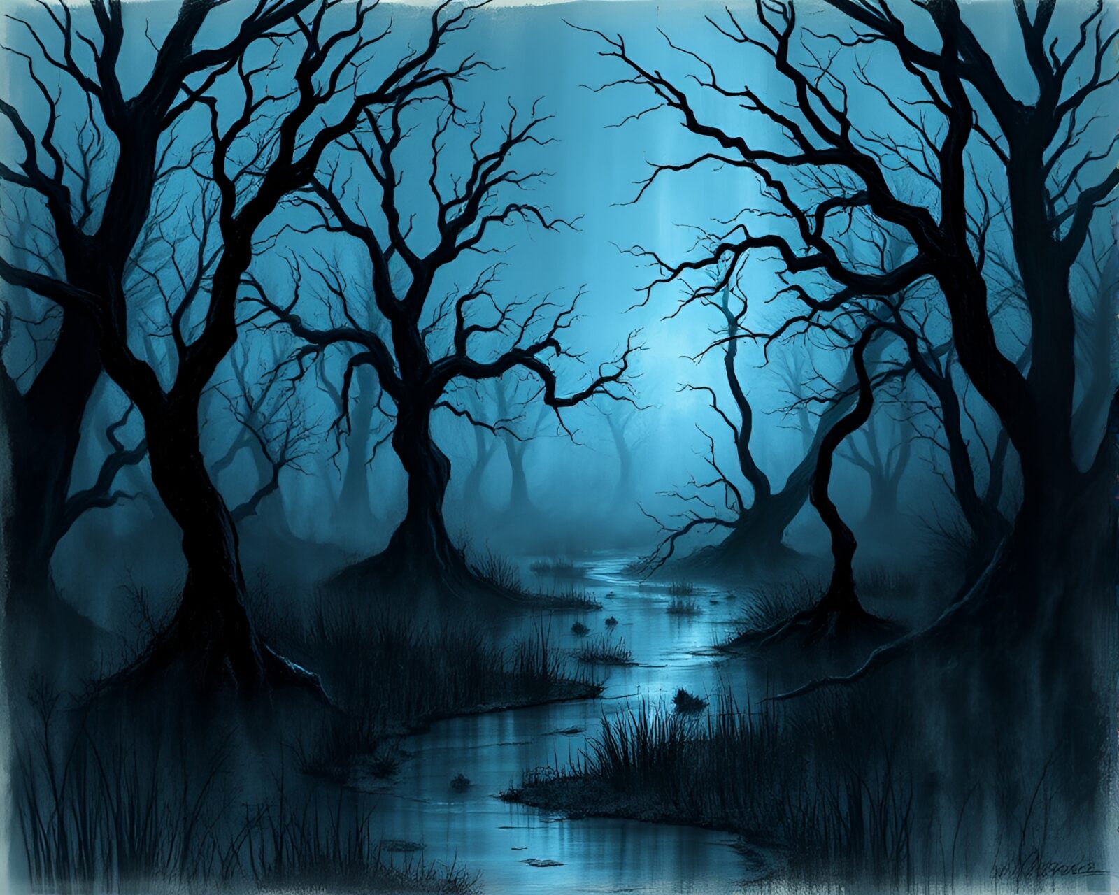 Gnarled trees and swirling mist in a haunting marsh
