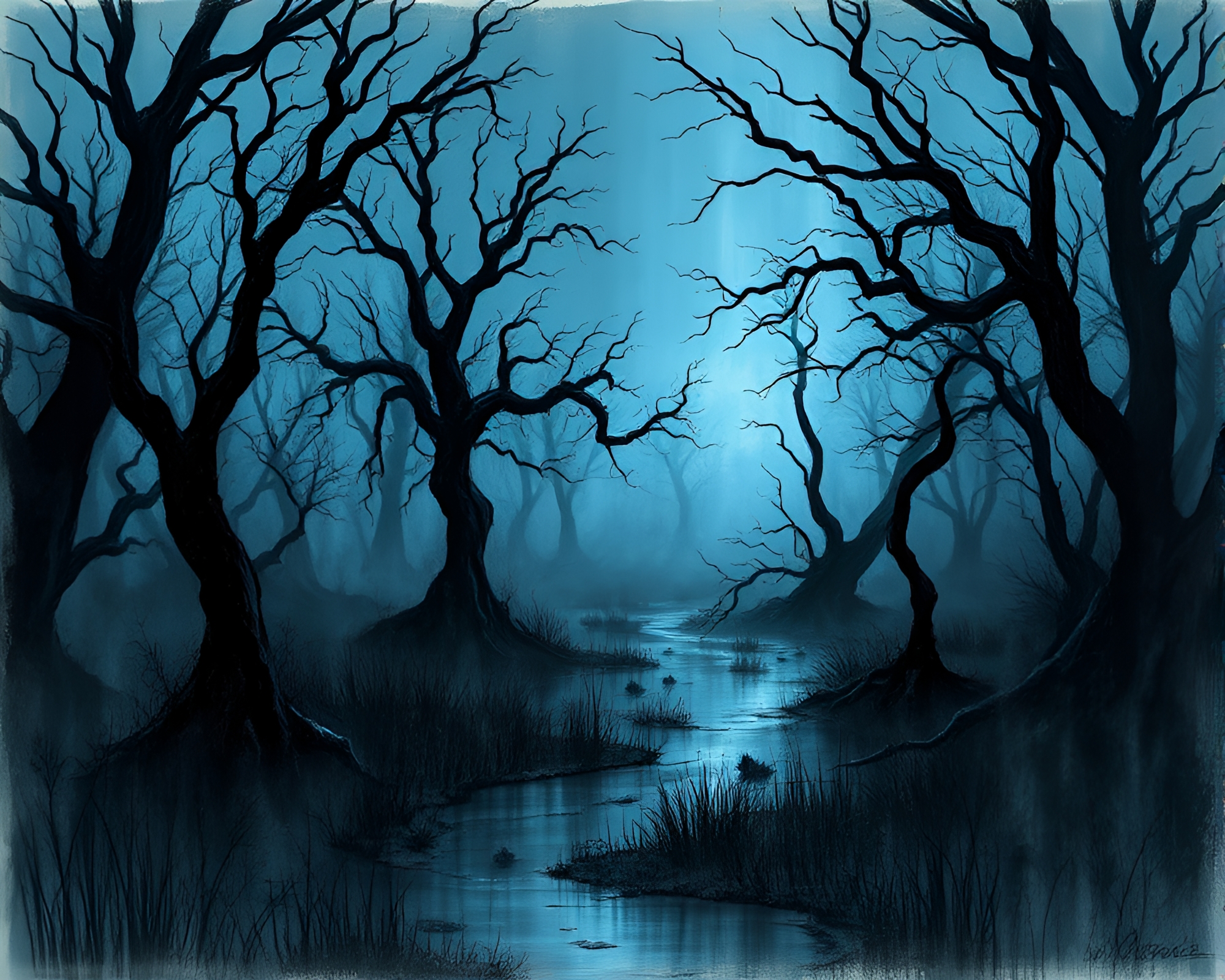 Phantasmal Marsh: Shadows in Eerie Blue Light – free AI stock image