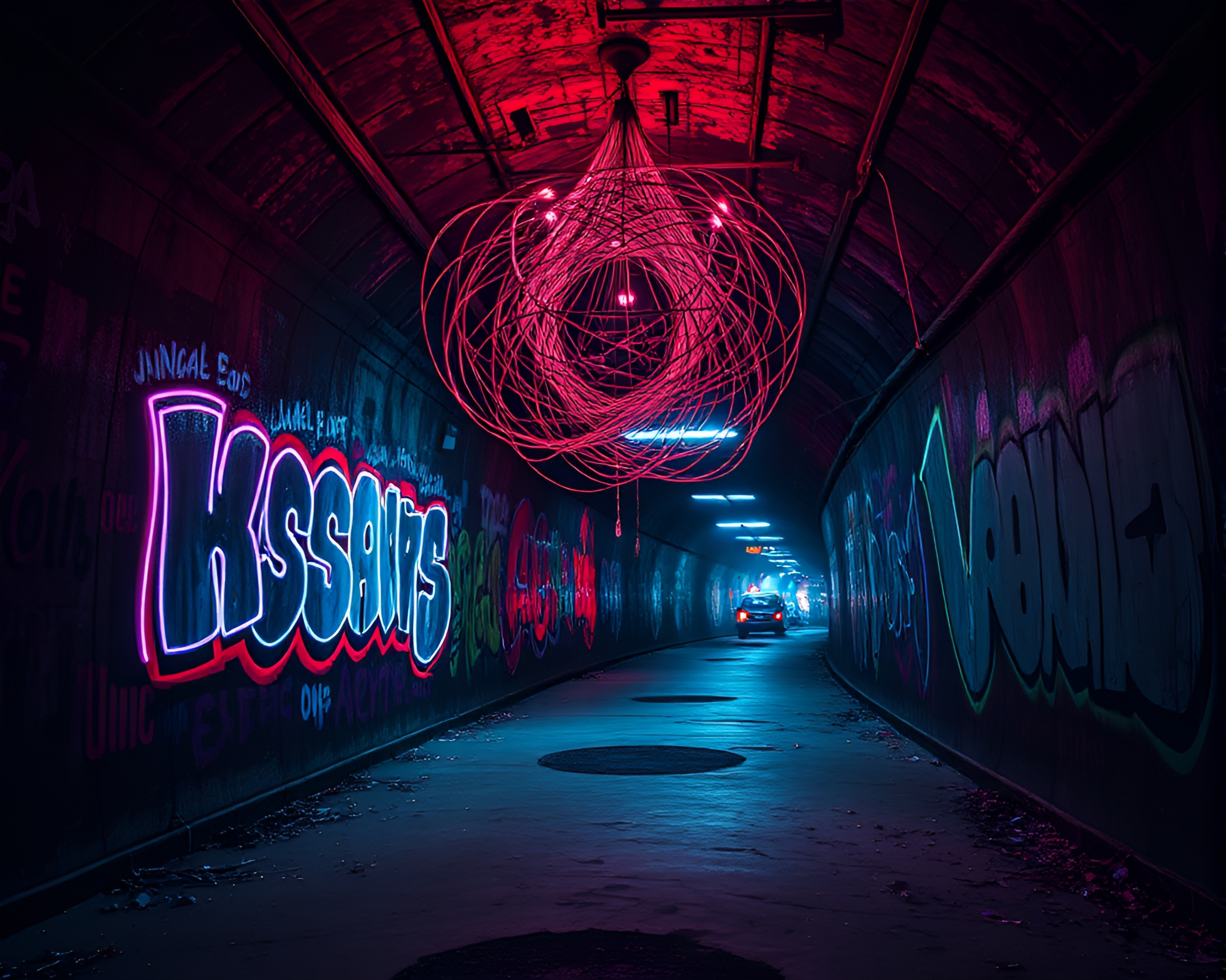 Vibrant Neon Graffiti Illuminates Dystopian Tunnel – free AI stock image