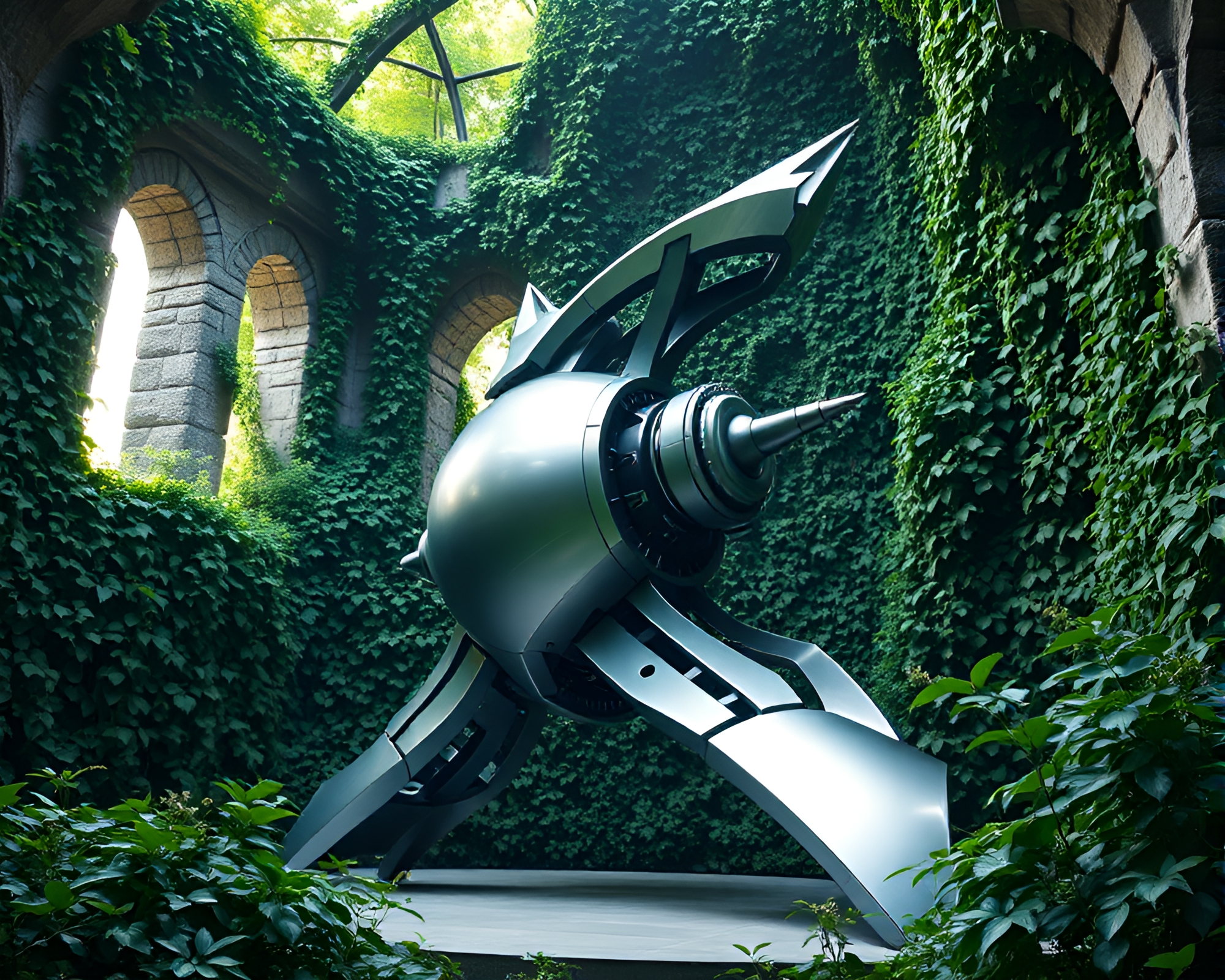Sleek Futuristic Kinetic Sculpture Entwined in Ivy Fortress – free AI stock image