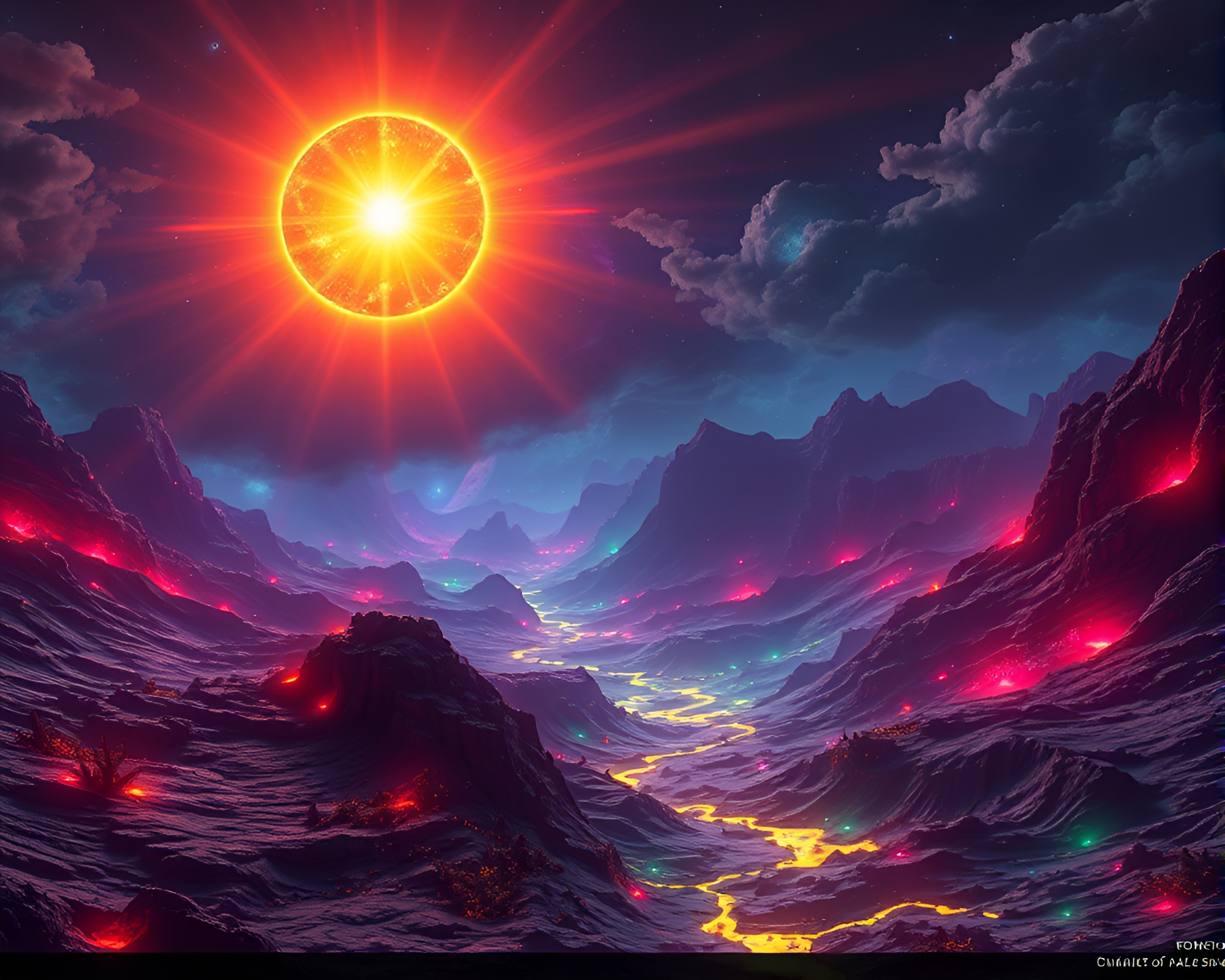 Mystical Bioluminescent Landscape with Vibrant Solar Flare Glow – free AI stock image