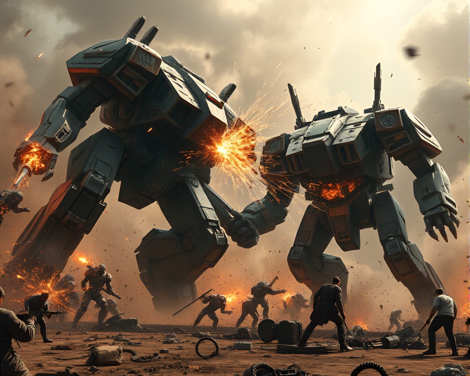 Chaotic battle between giant mechs in ruined robotic junkyard