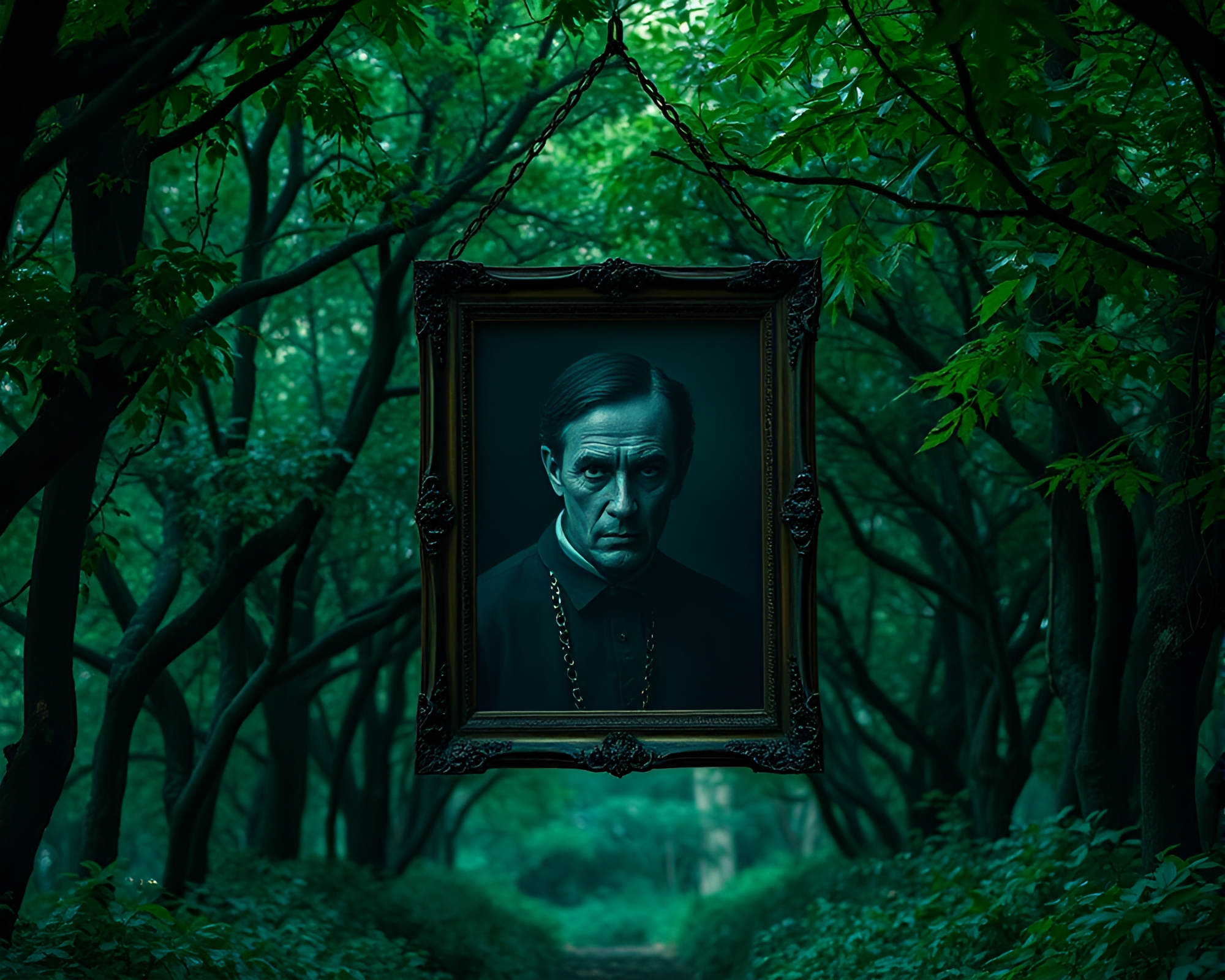 Haunted Portrait in Emerald Canopy Glade – free AI stock image