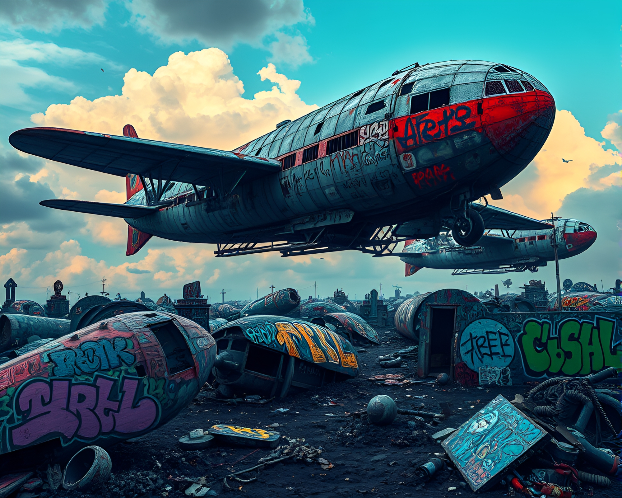 Decaying Zeppelins Graffitied in Surreal Pop Art Graveyard – free AI stock image