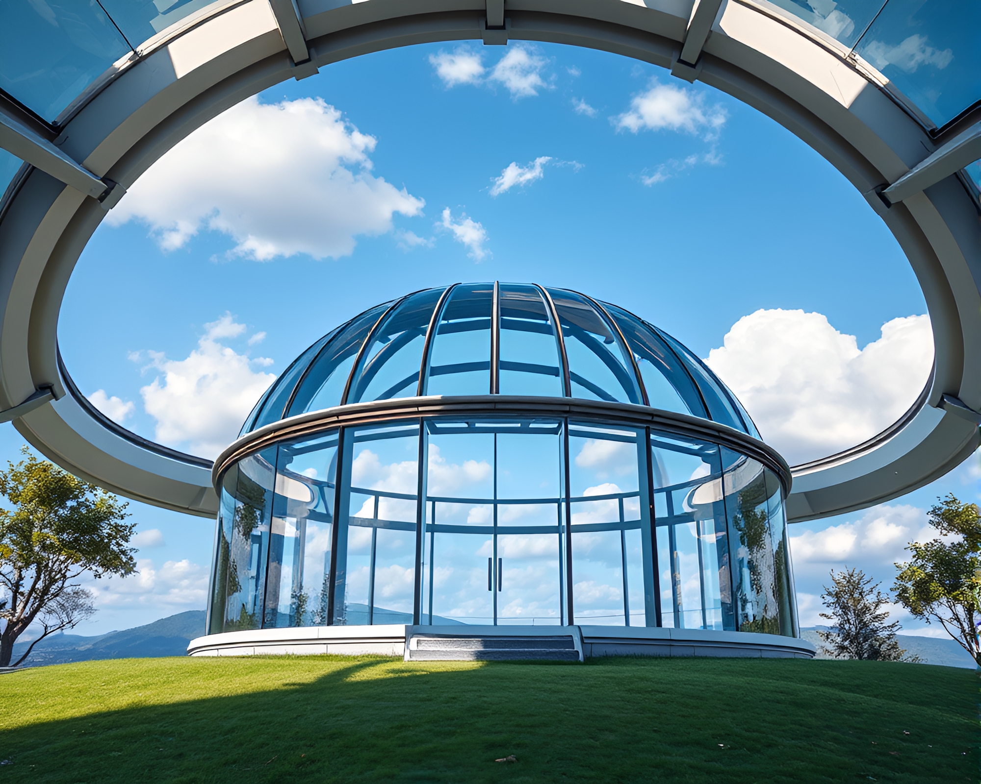 Sleek Glass-Walled Observatory Amidst Serene Landscape – free AI stock image