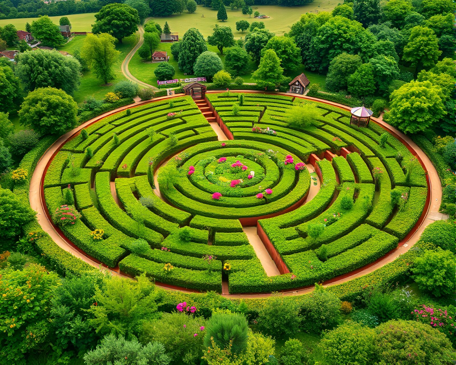 Vibrant, intricate maze design with bright pinks, blues, and yellows