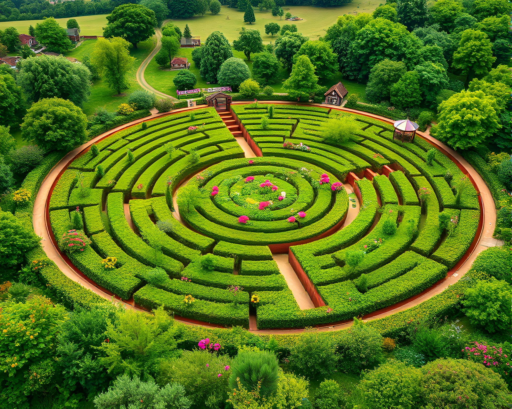 Whimsical Candy-Colored Maze in Lush Countryside Landscape – free AI stock image