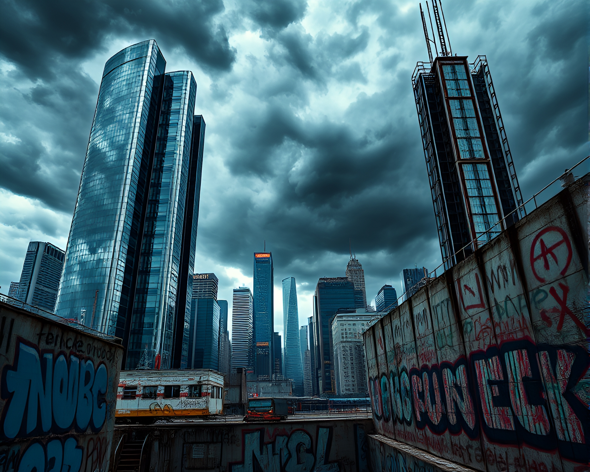 Sleek Metal Skyscrapers Amid Stormy Cityscape – free AI stock image